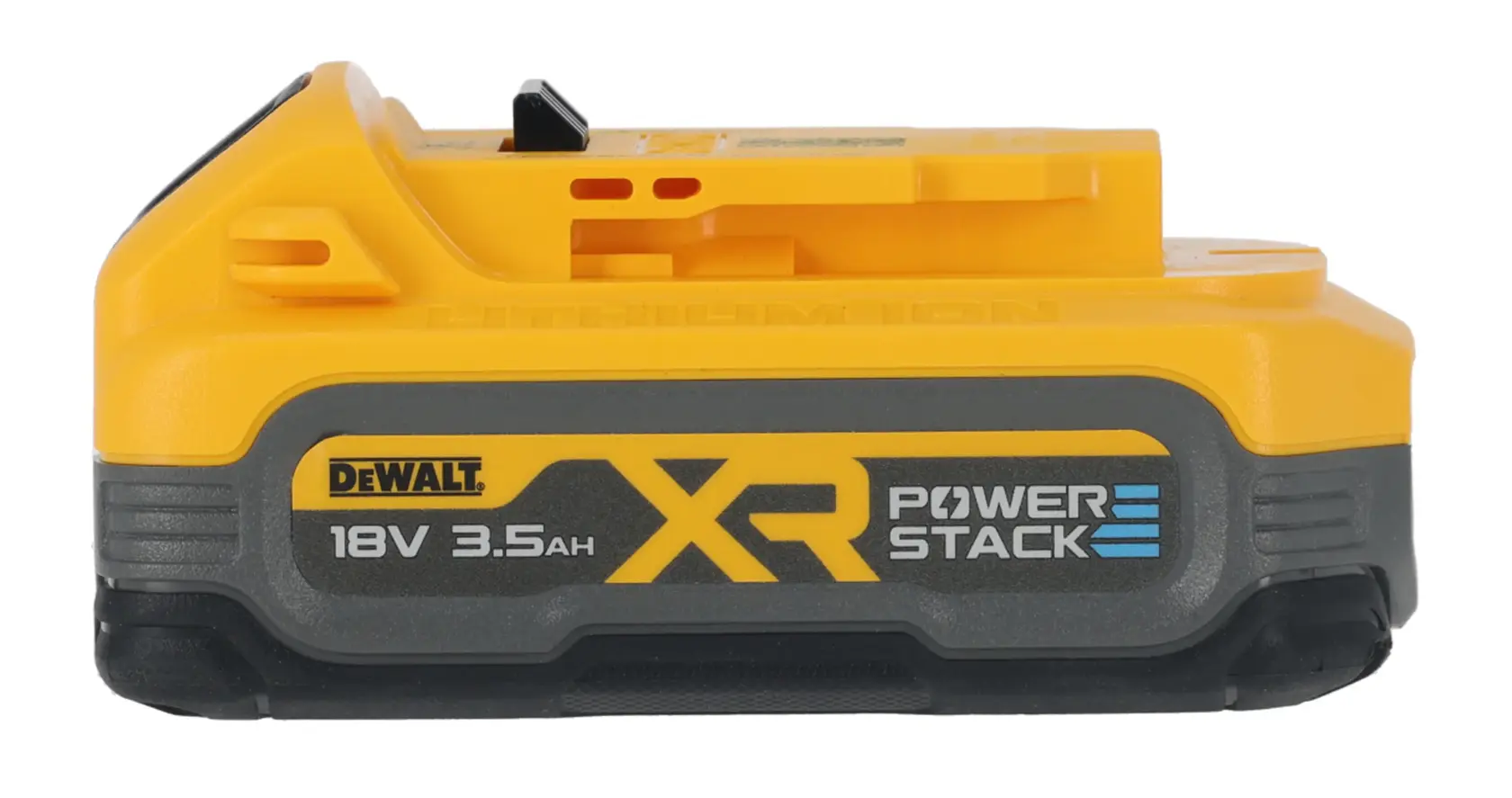 DEWALT XR PowerStack 18V 3.5Ah lithium-ion battery for power tools, shown in yellow and black.