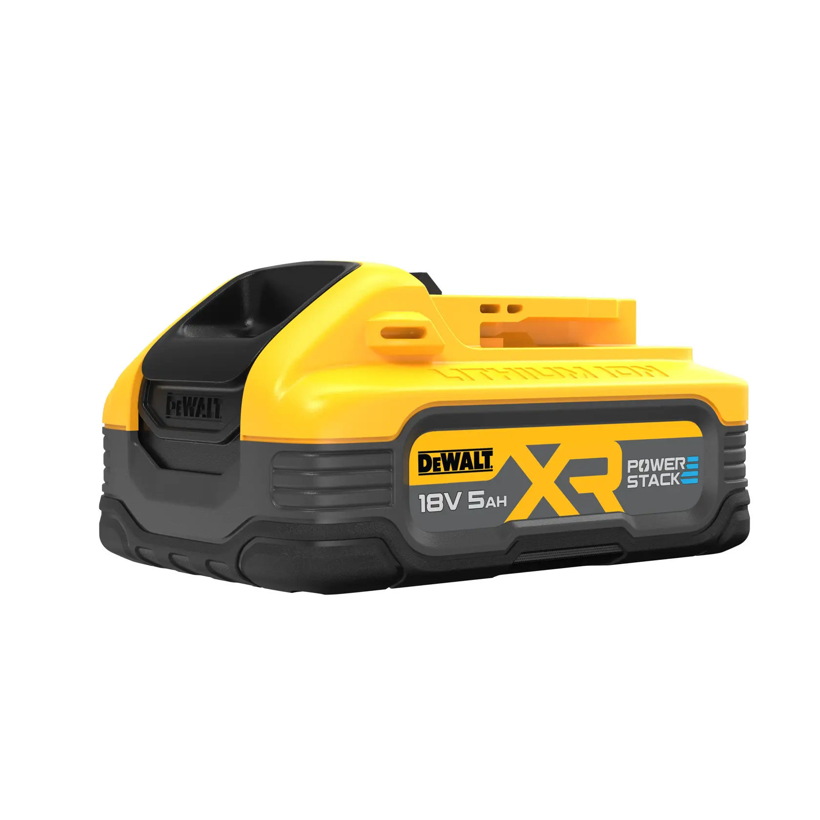 DEWALT 18V XR Powerstack battery, 5Ah capacity, yellow and black, shown on white background.