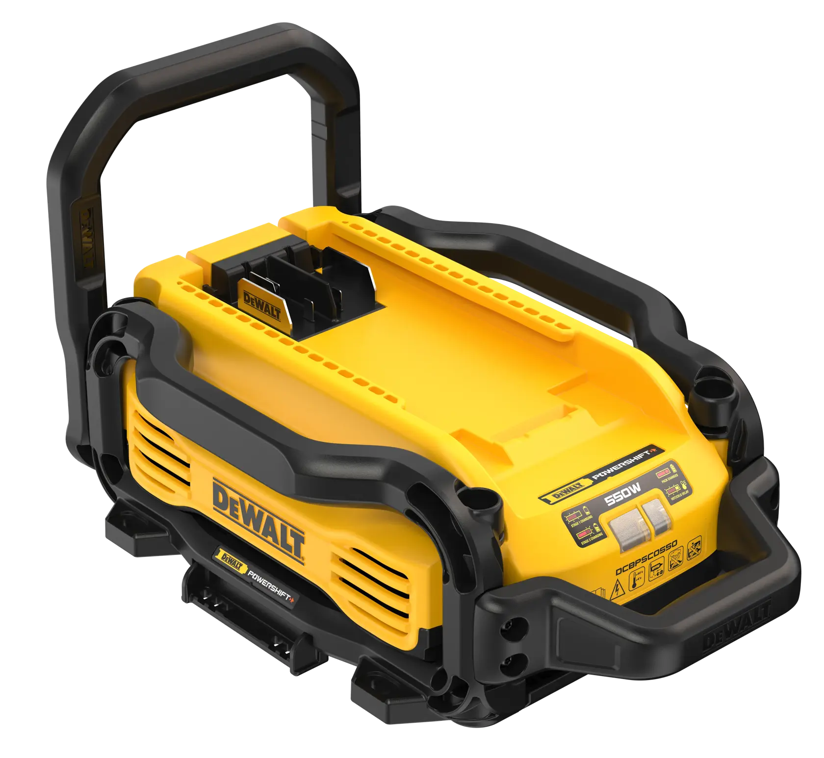 DEWALT DCBPSC0550 portable yellow and black power station with handle and battery slot.