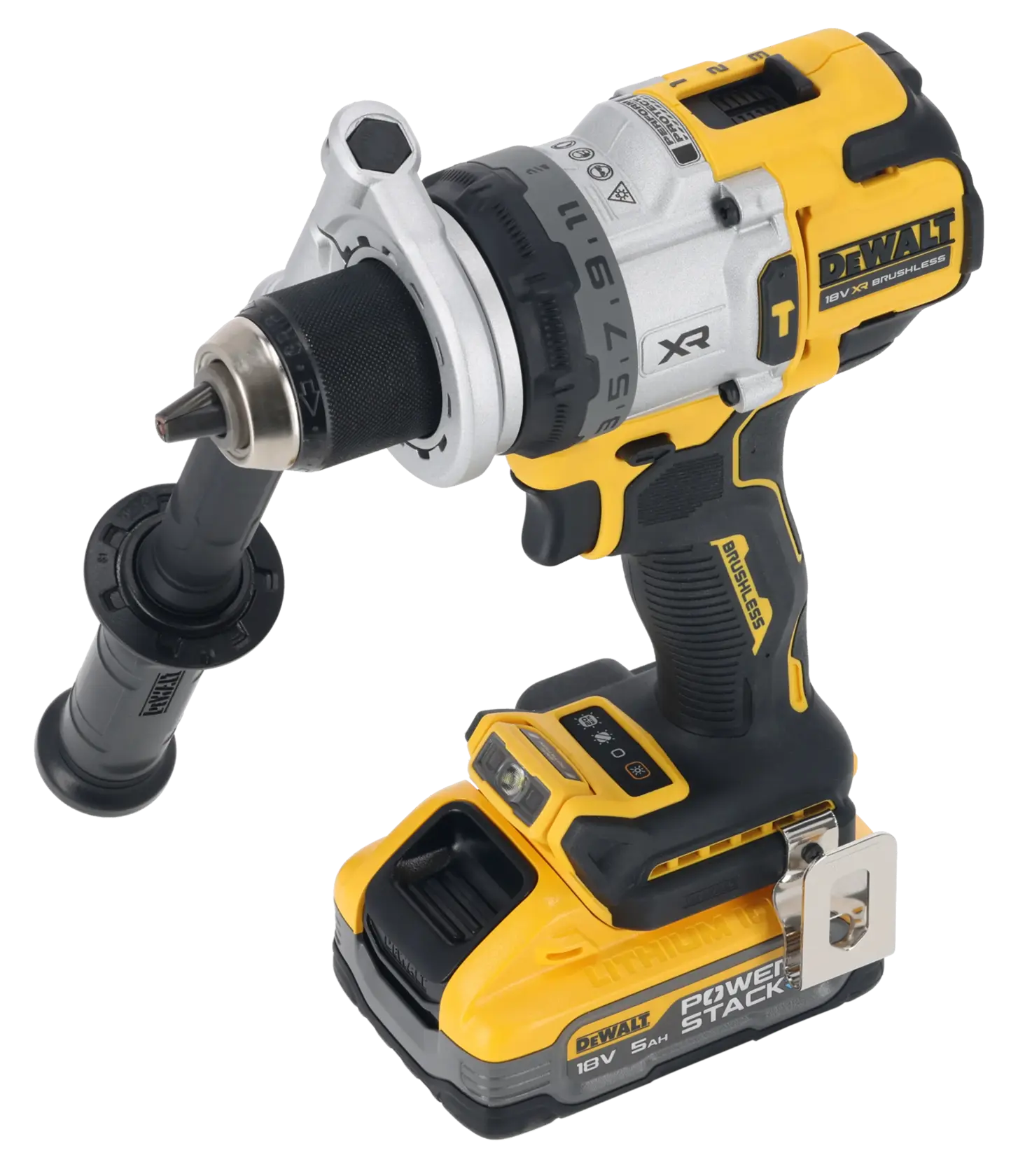 DEWALT 18V cordless drill with PowerStack battery and side handle, yellow and black, brushless motor.