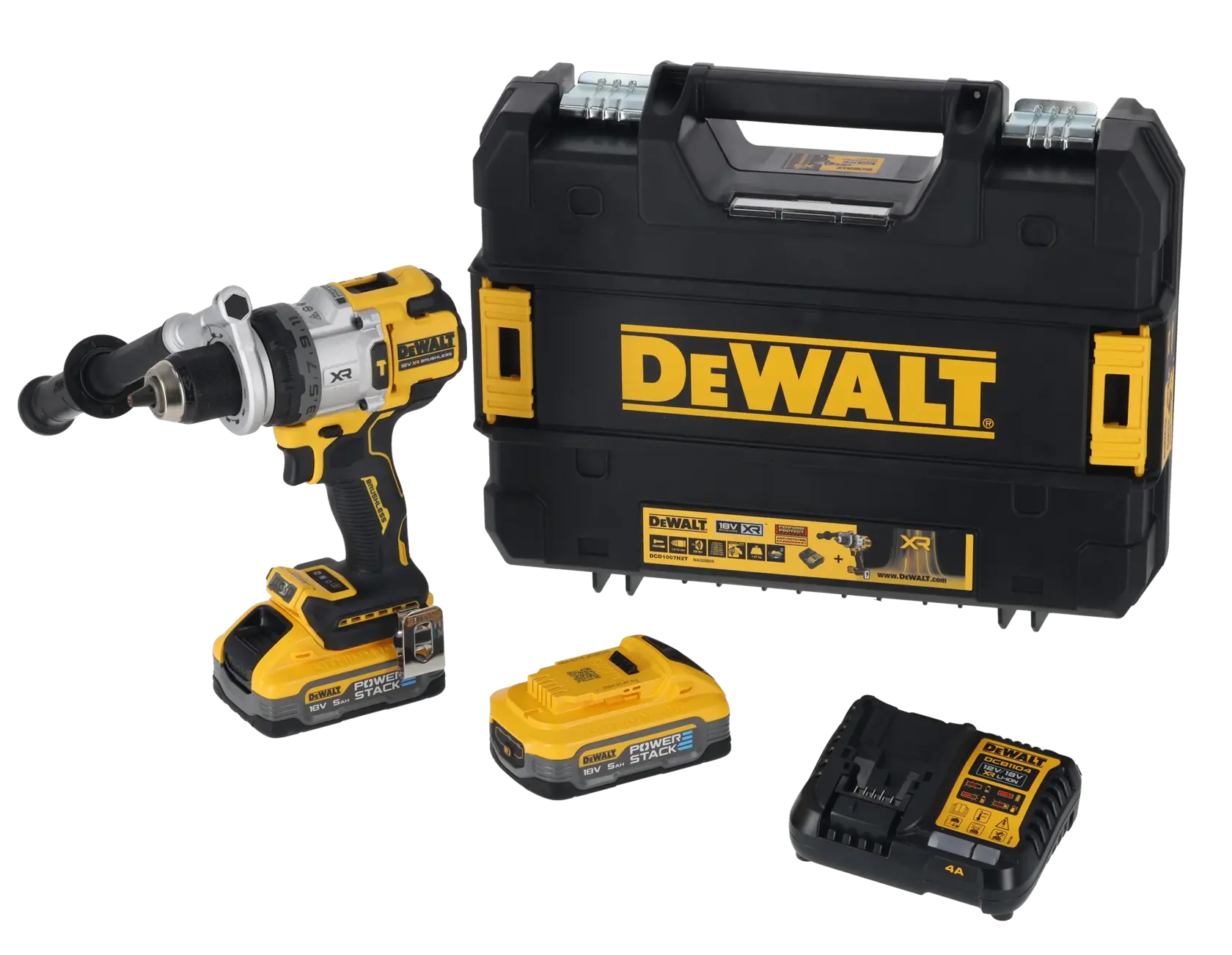 DEWALT cordless drill kit with two batteries, charger, and carrying case, all in black and yellow.