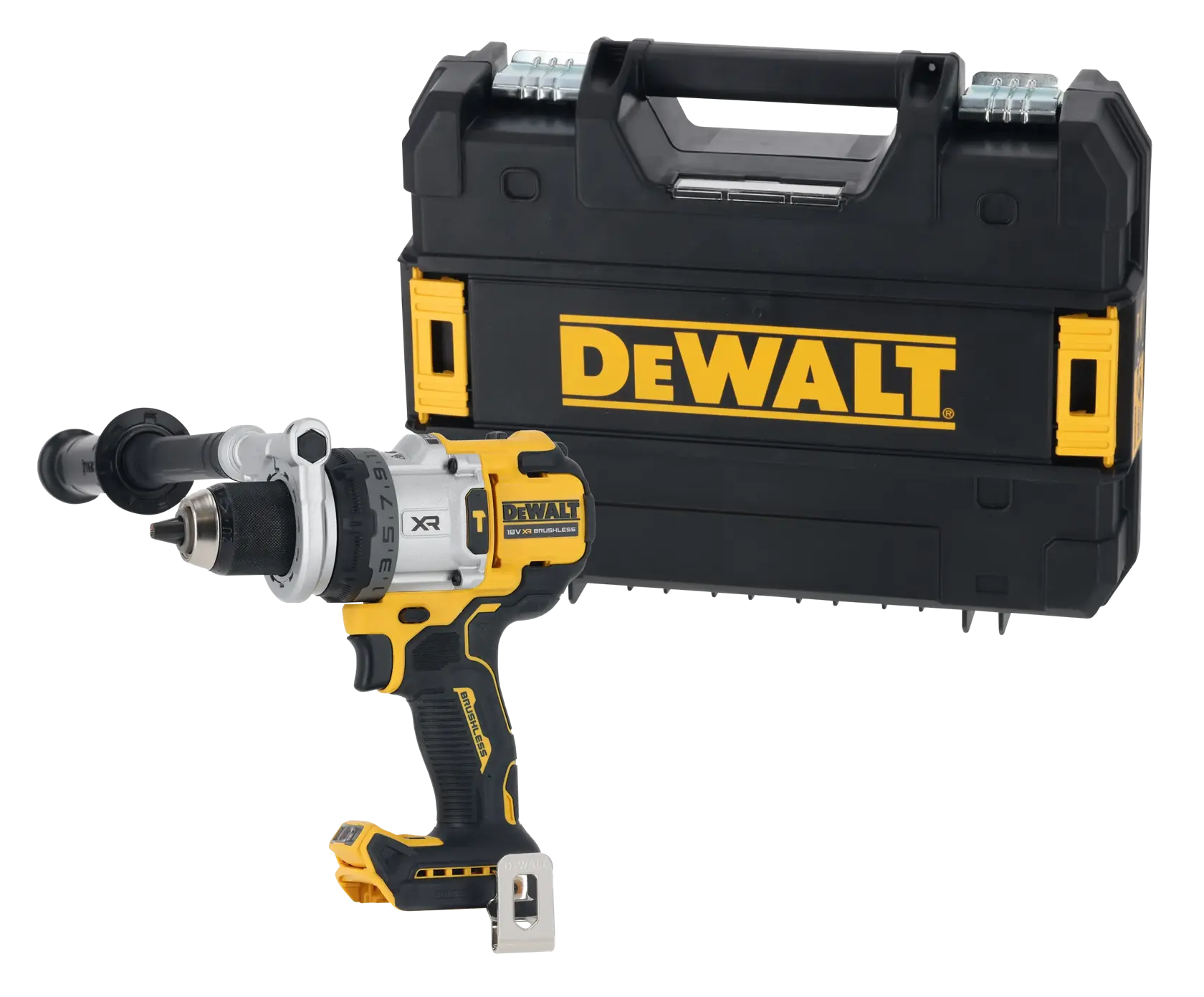 DEWALT drill and case. Photography category. SKUs: DCD1007NT, DCZ607X2-XE.
