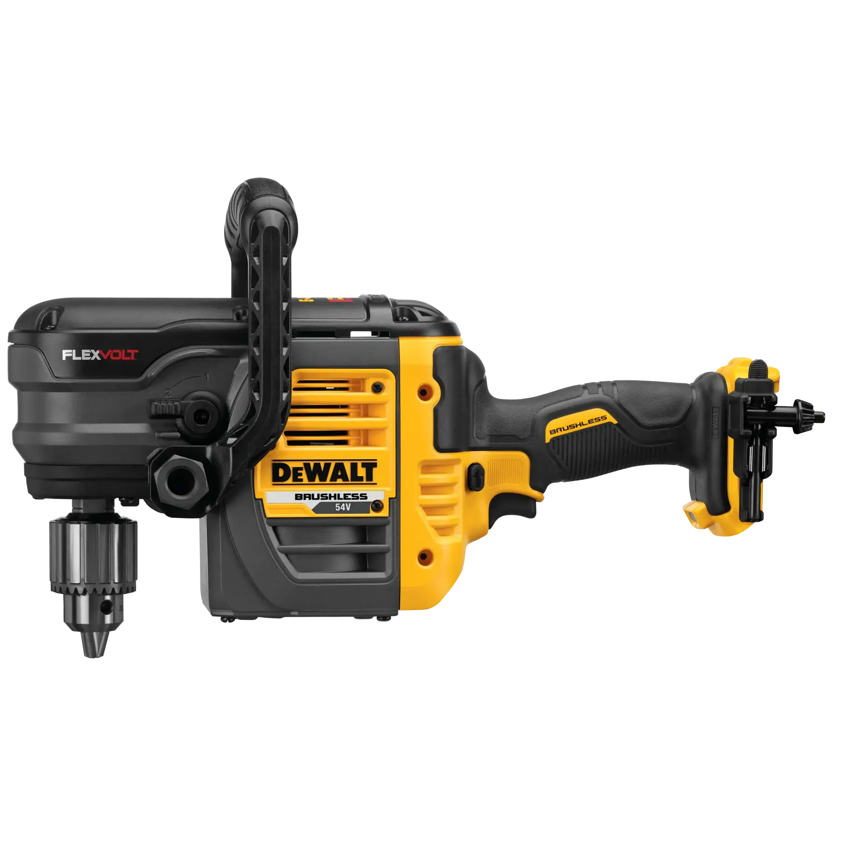 A DEWALT DCD460N 54V FLEXVOLT brushless cordless stud and joist drill, shown in black and yellow with a side handle and keyless chuck.