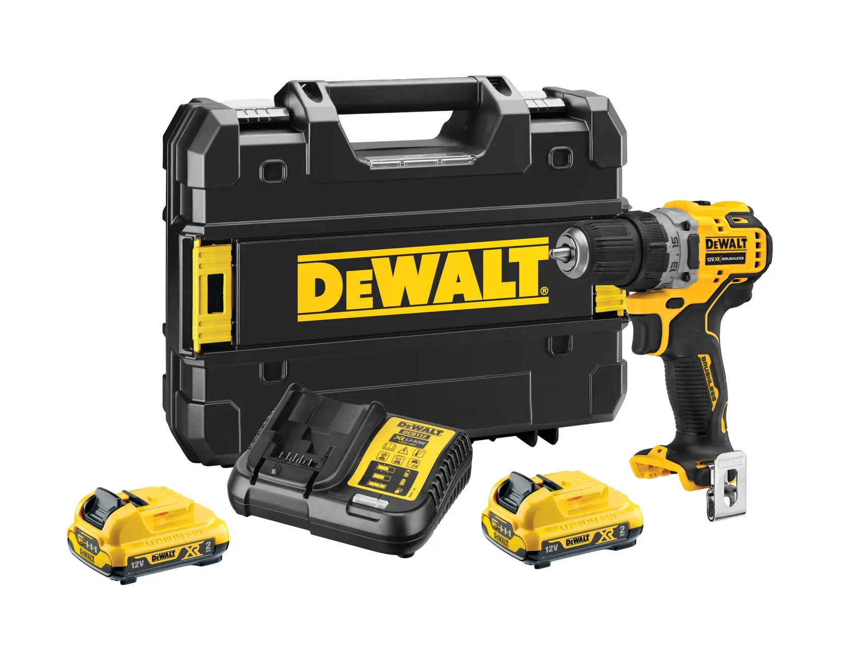 DEWALT cordless drill kit including a black and yellow drill, two rechargeable batteries, a battery charger, and a sturdy black carrying case with DEWALT logo.