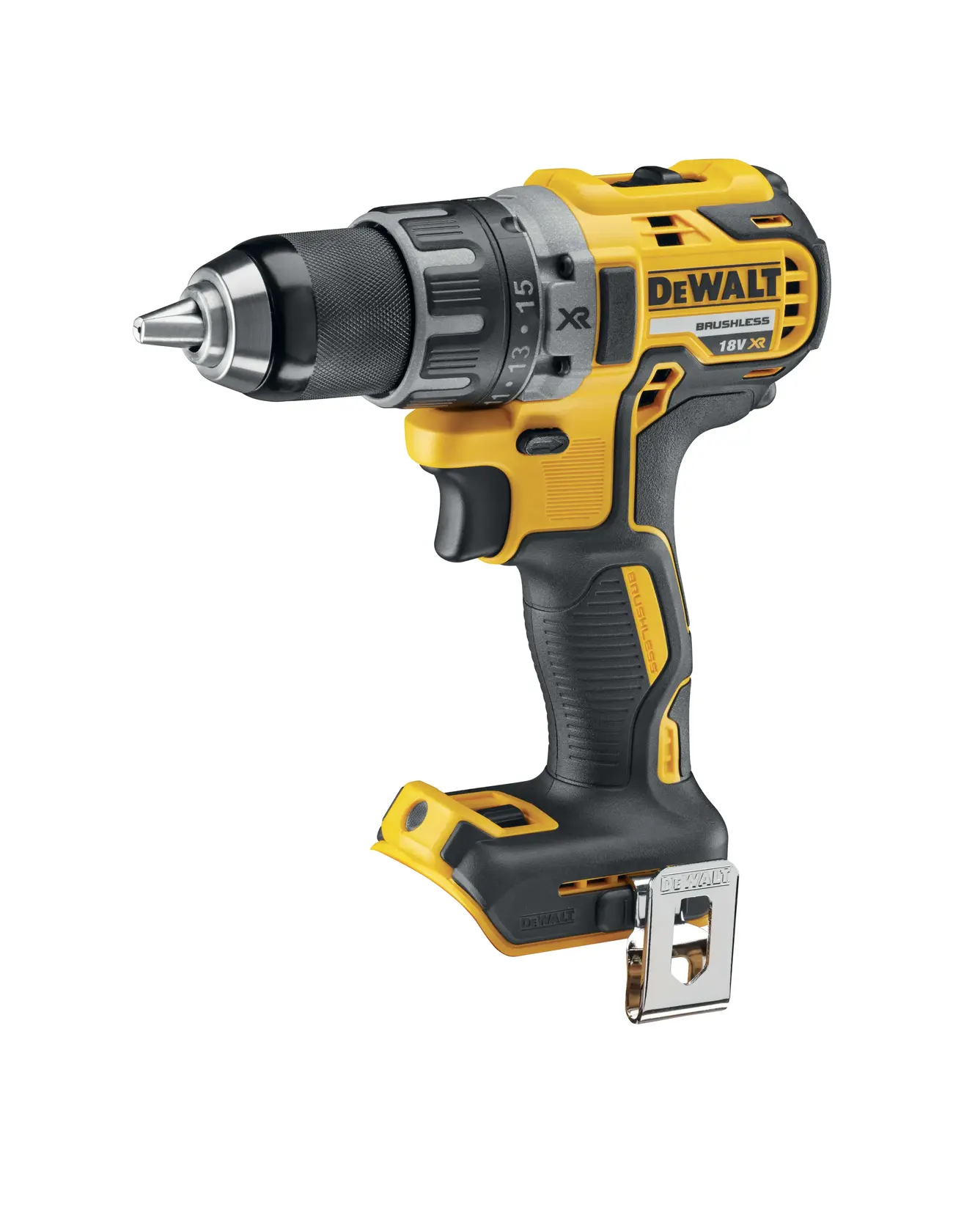Photo of DEWALT cordless drill, yellow and black, SKUs DCD791NT-XJ, DCD791N, right side view, white background.