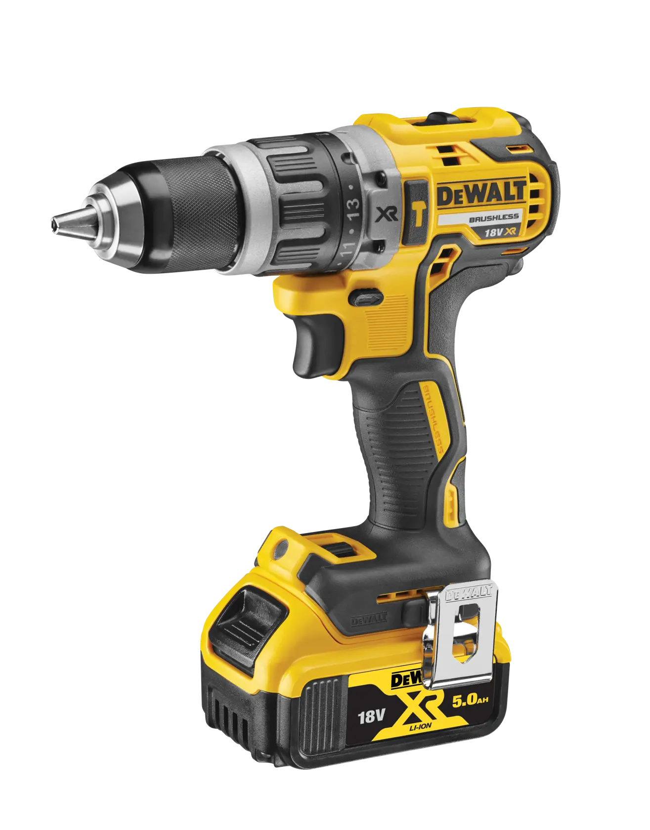 Cordless DEWALT drill, yellow and black, with 18V XR battery attached, brushless model.