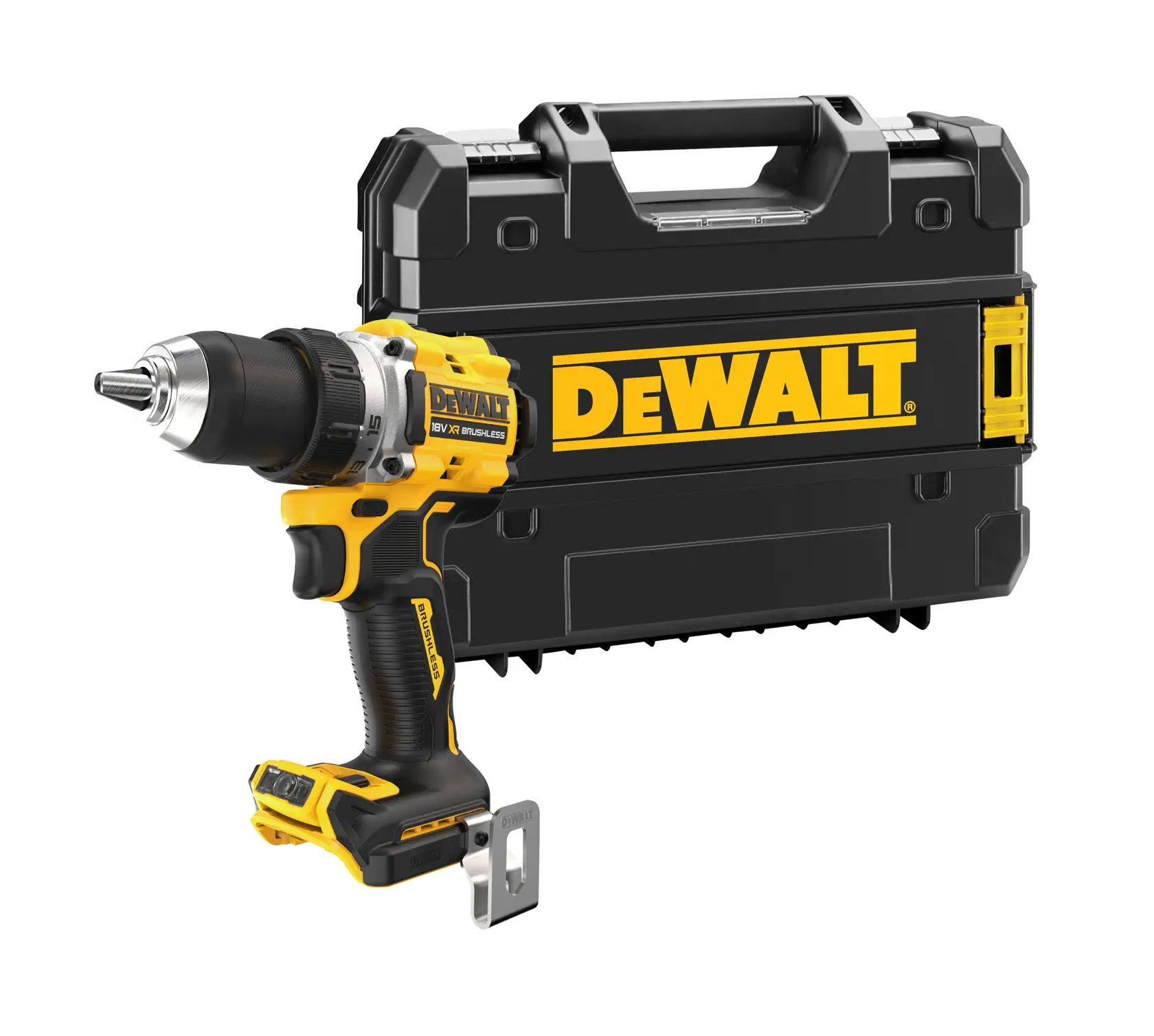 DEWALT cordless drill DCD800NT with black carrying case, shown on white background.