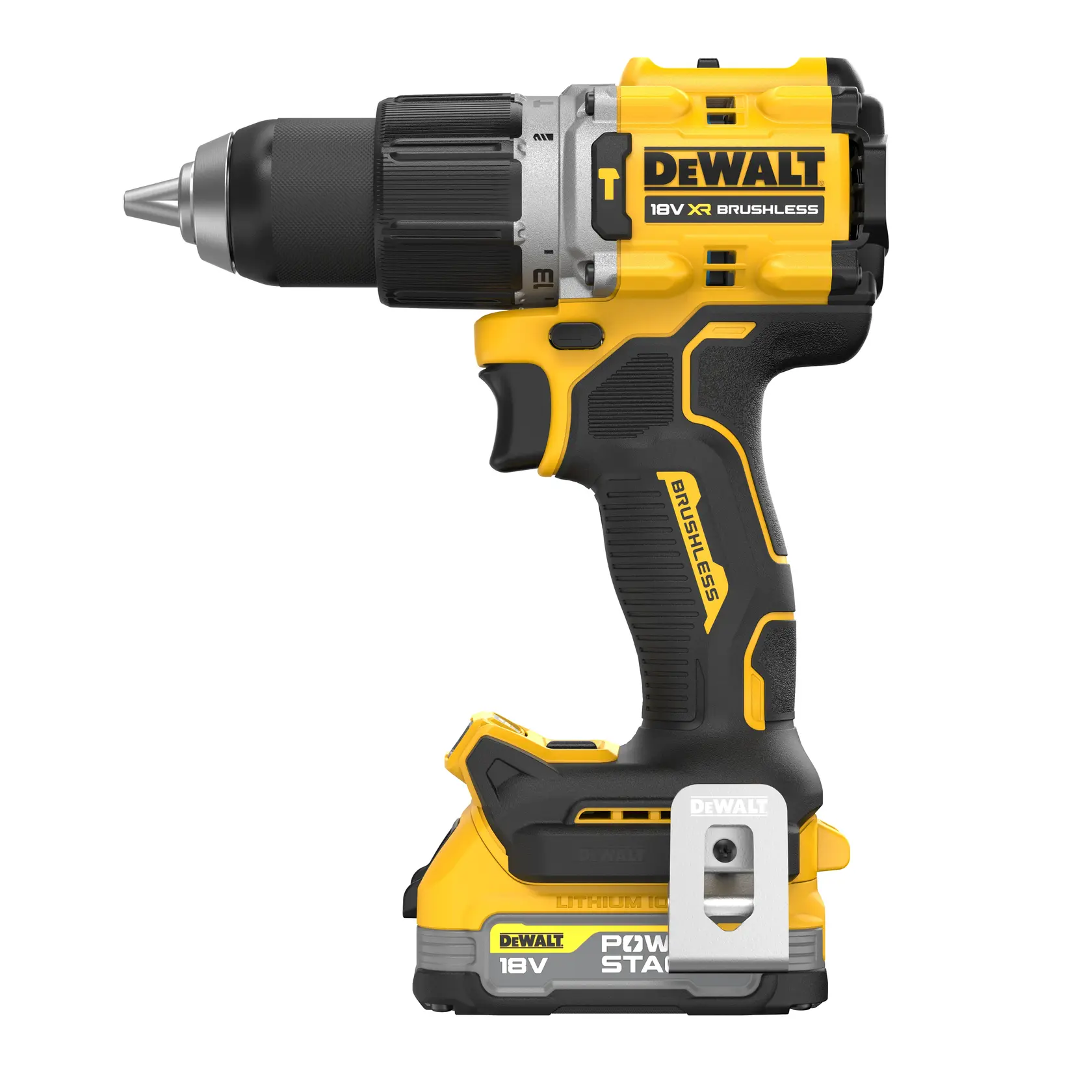 Photo of DEWALT cordless drill DCD805E2T, 18V yellow and black, side angle on white background.