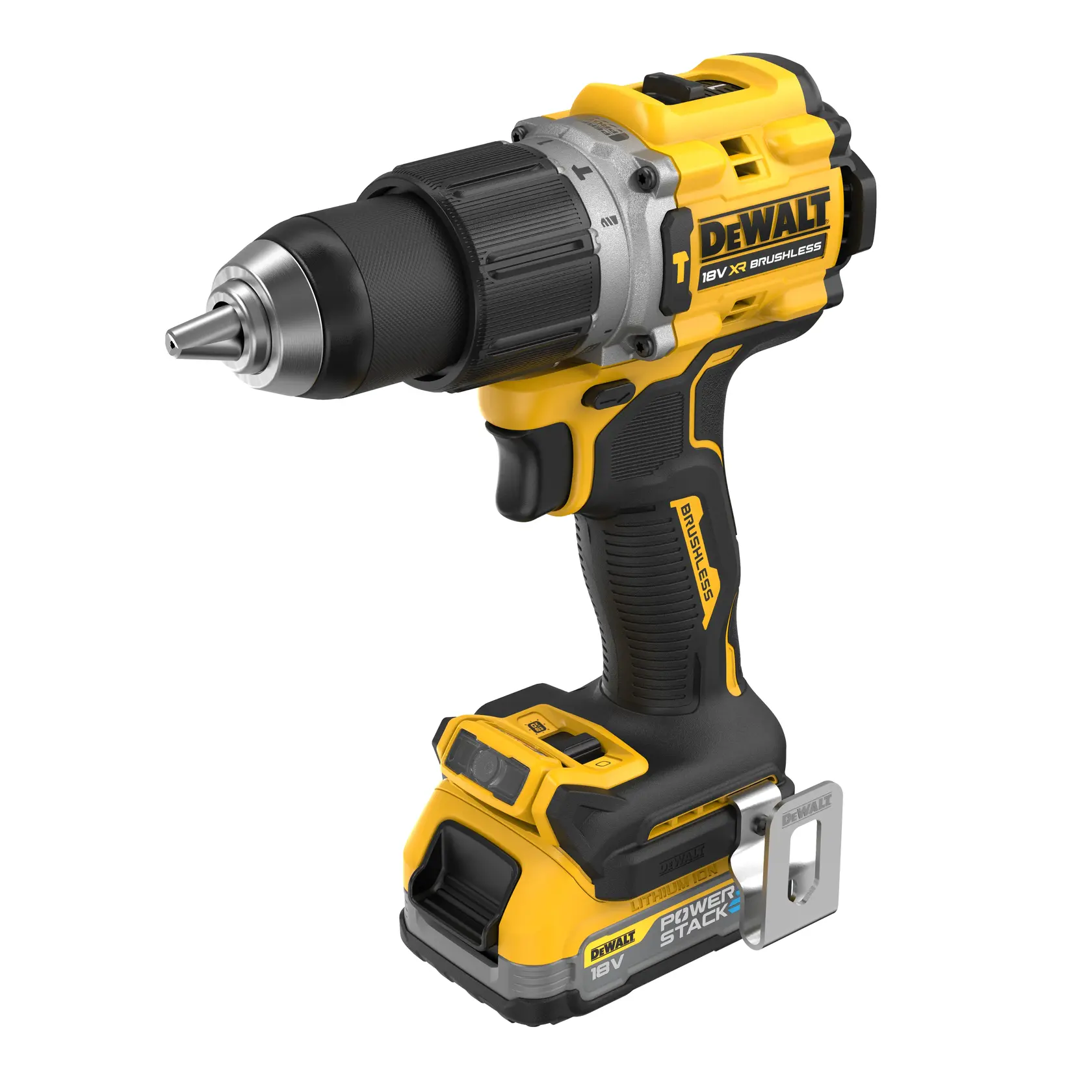 Photo of DEWALT DCD805E2T cordless yellow 18V brushless drill, angled view on white background.