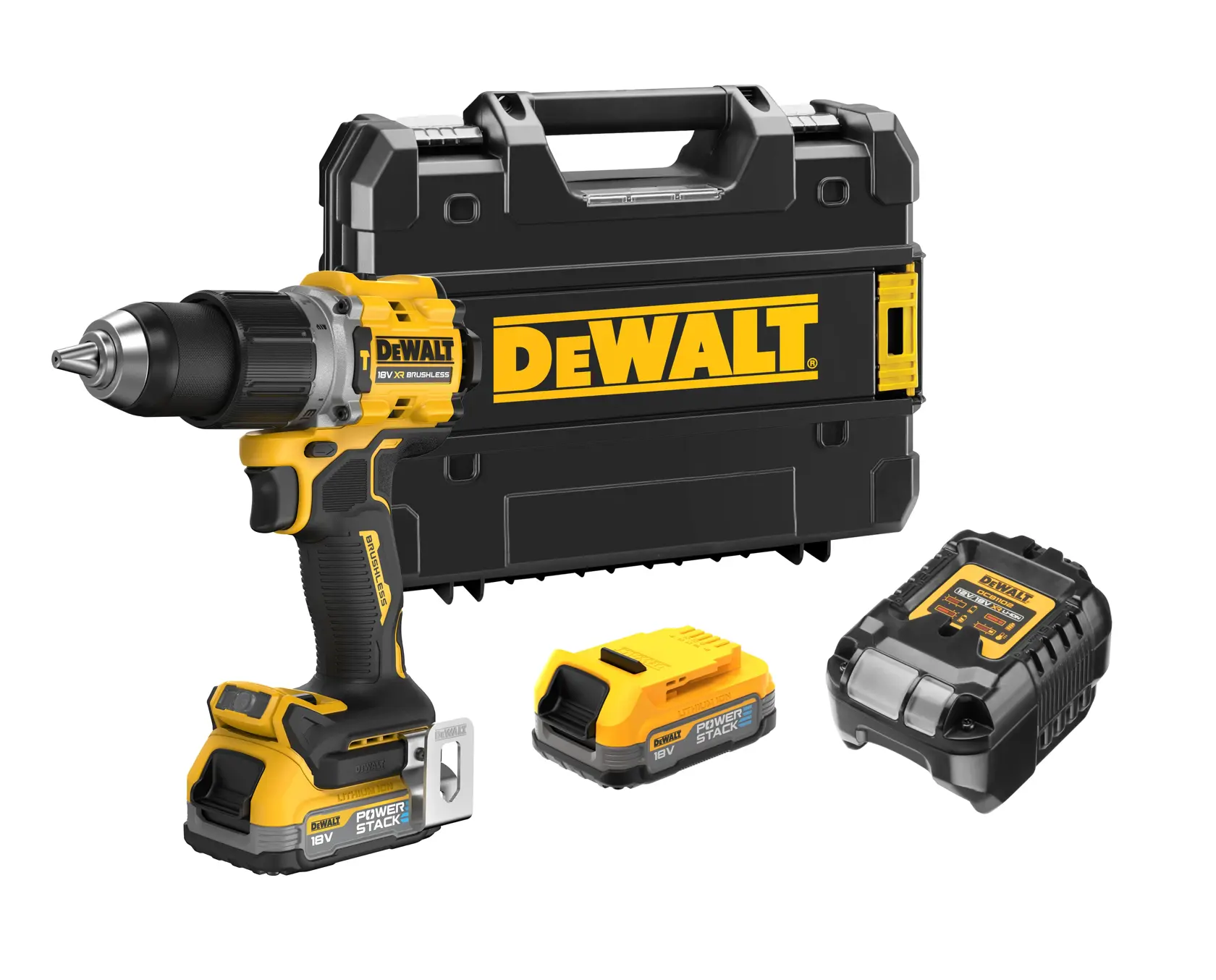 DEWALT cordless drill kit with hard case, two batteries, and charger.