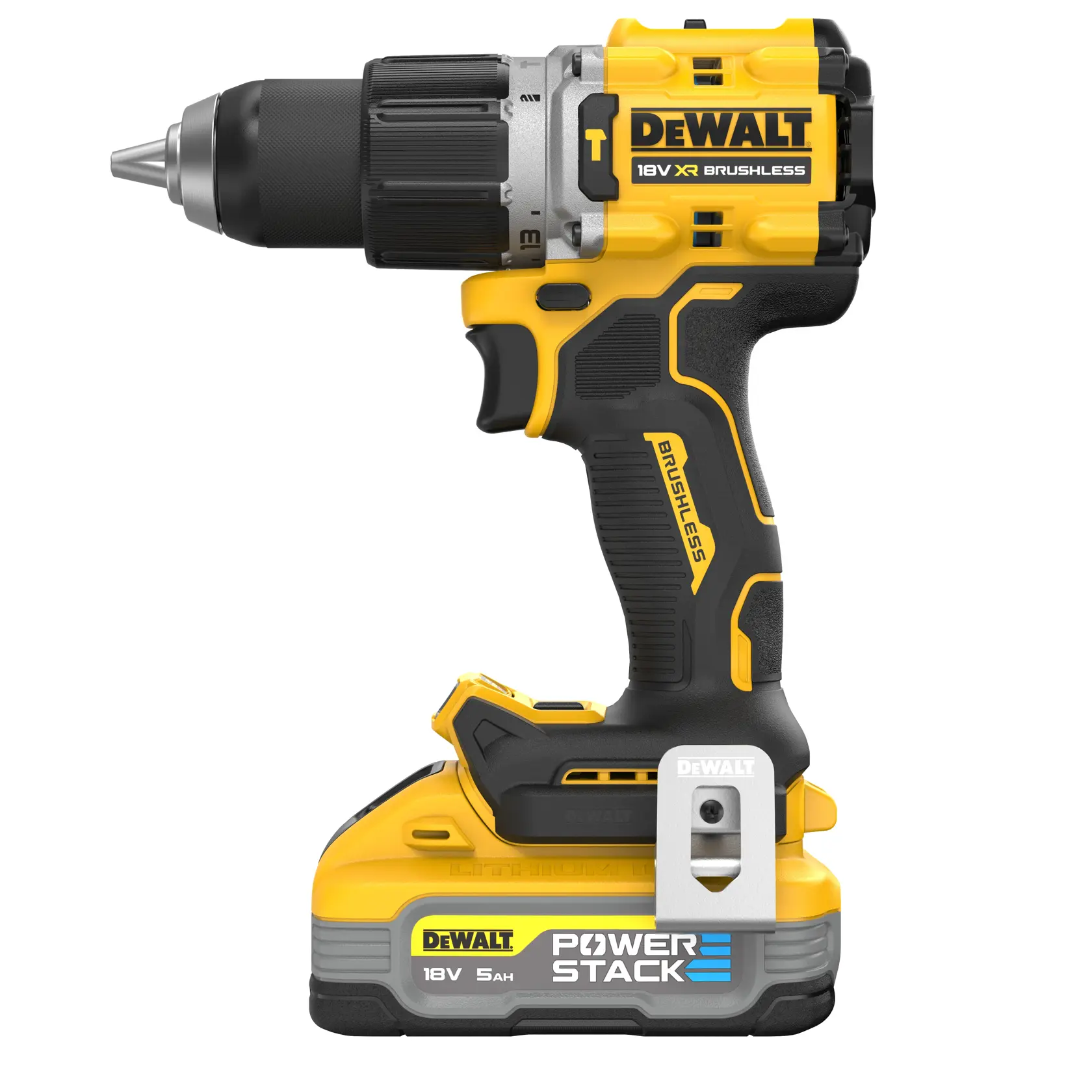 DEWALT DCD805H2T 18V cordless brushless drill with POWERSTACK battery, yellow and black design.