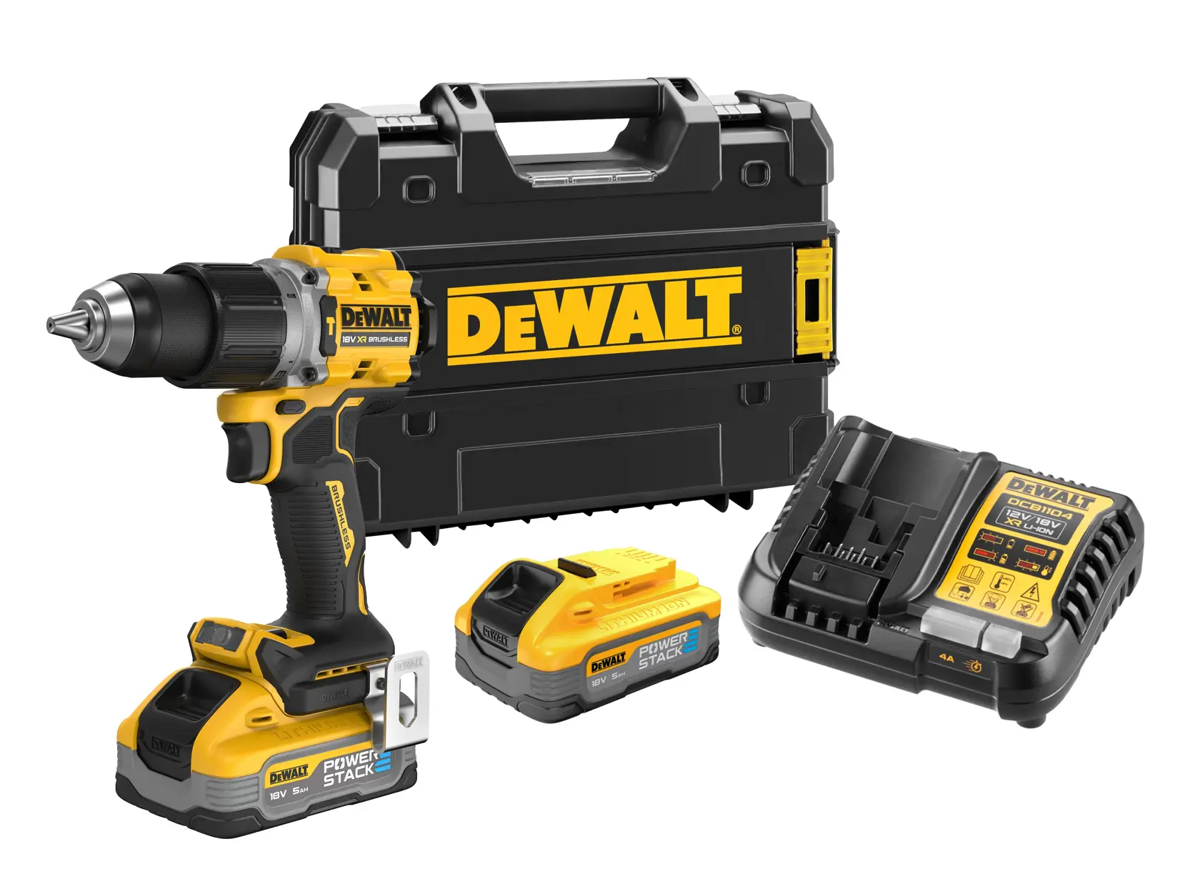 DEWALT cordless drill kit with batteries, charger, and carrying case on a white background.