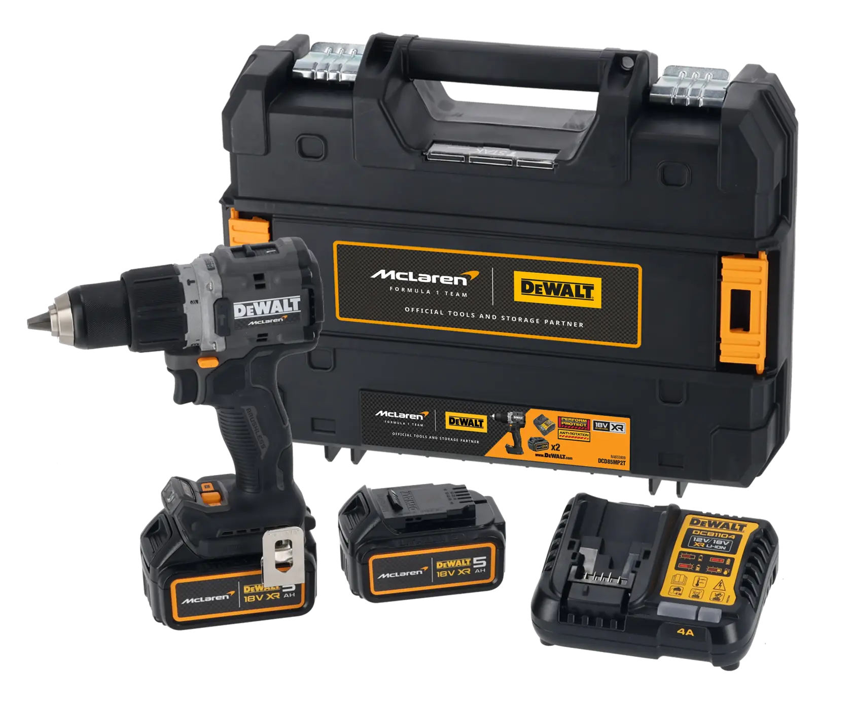 DEWALT cordless drill kit with batteries, charger, and hard carrying case, co-branded with McLaren.