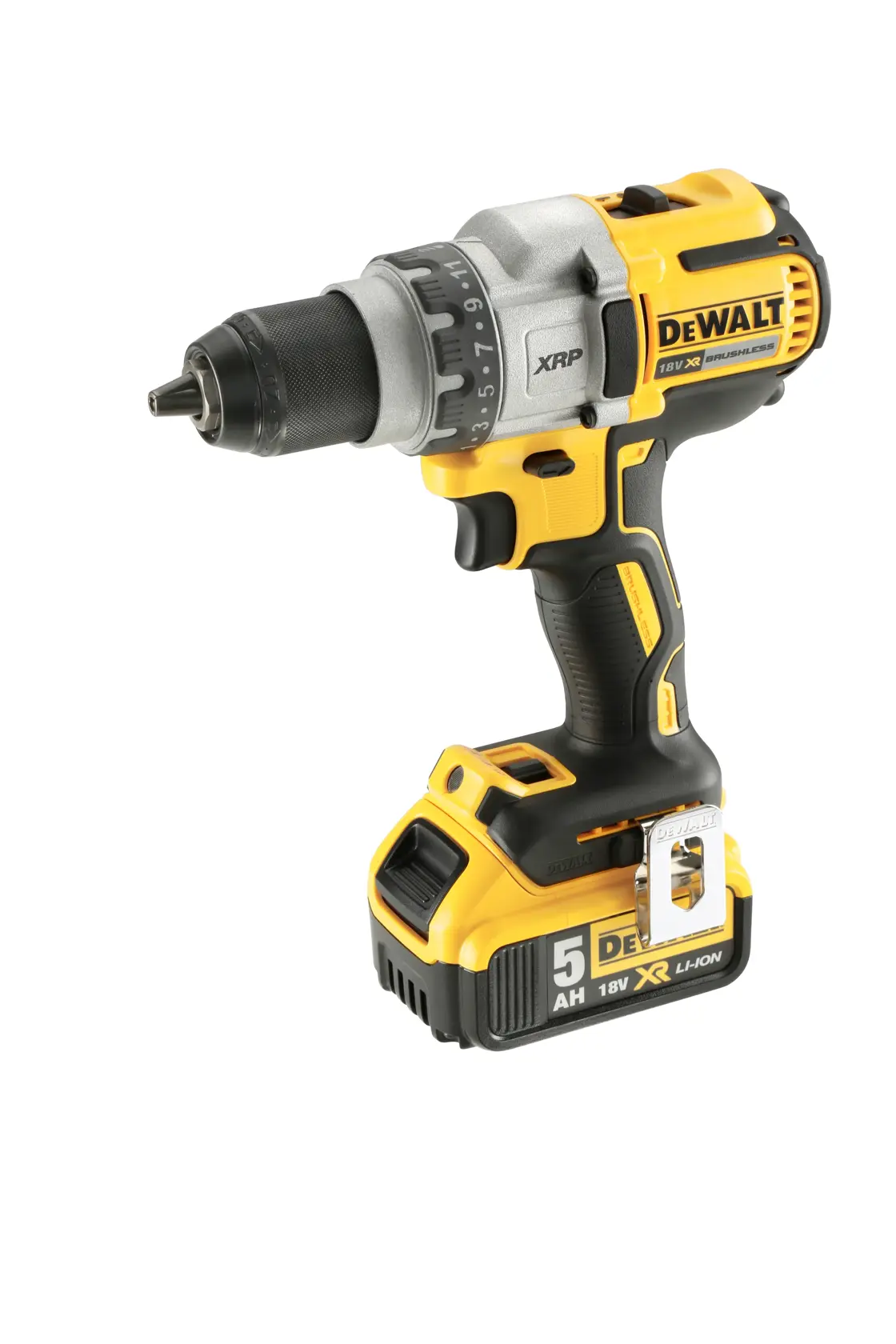 A DEWALT cordless power drill, model DCD991P2, with a yellow and black body and an 18V XR Li-Ion 5Ah battery attached.