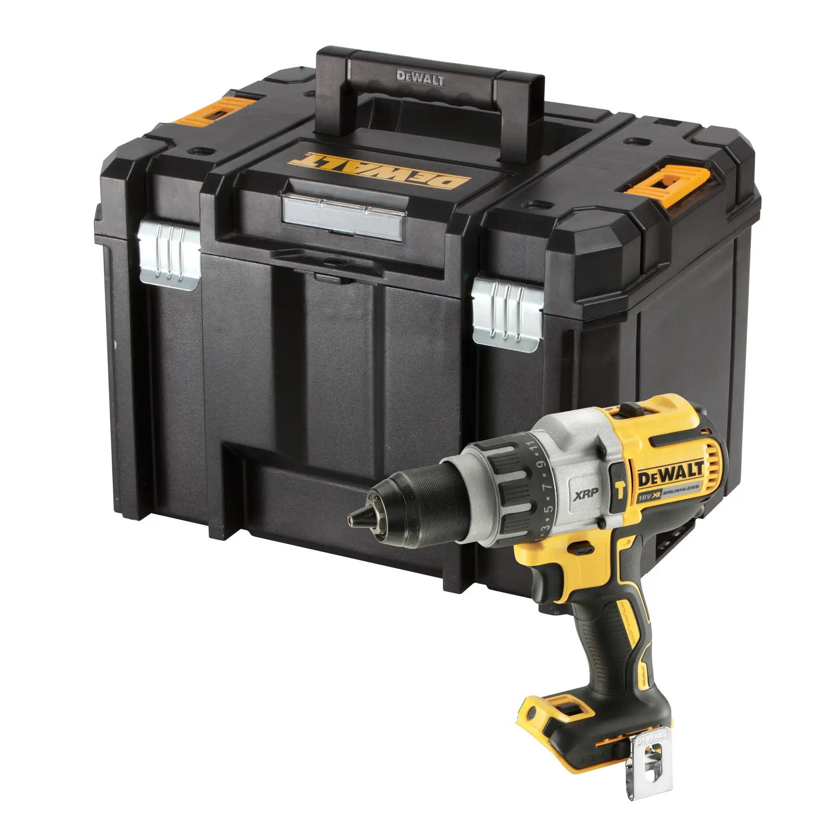 DEWALT cordless drill with black tool box. Compact and sturdy design for professional use.
