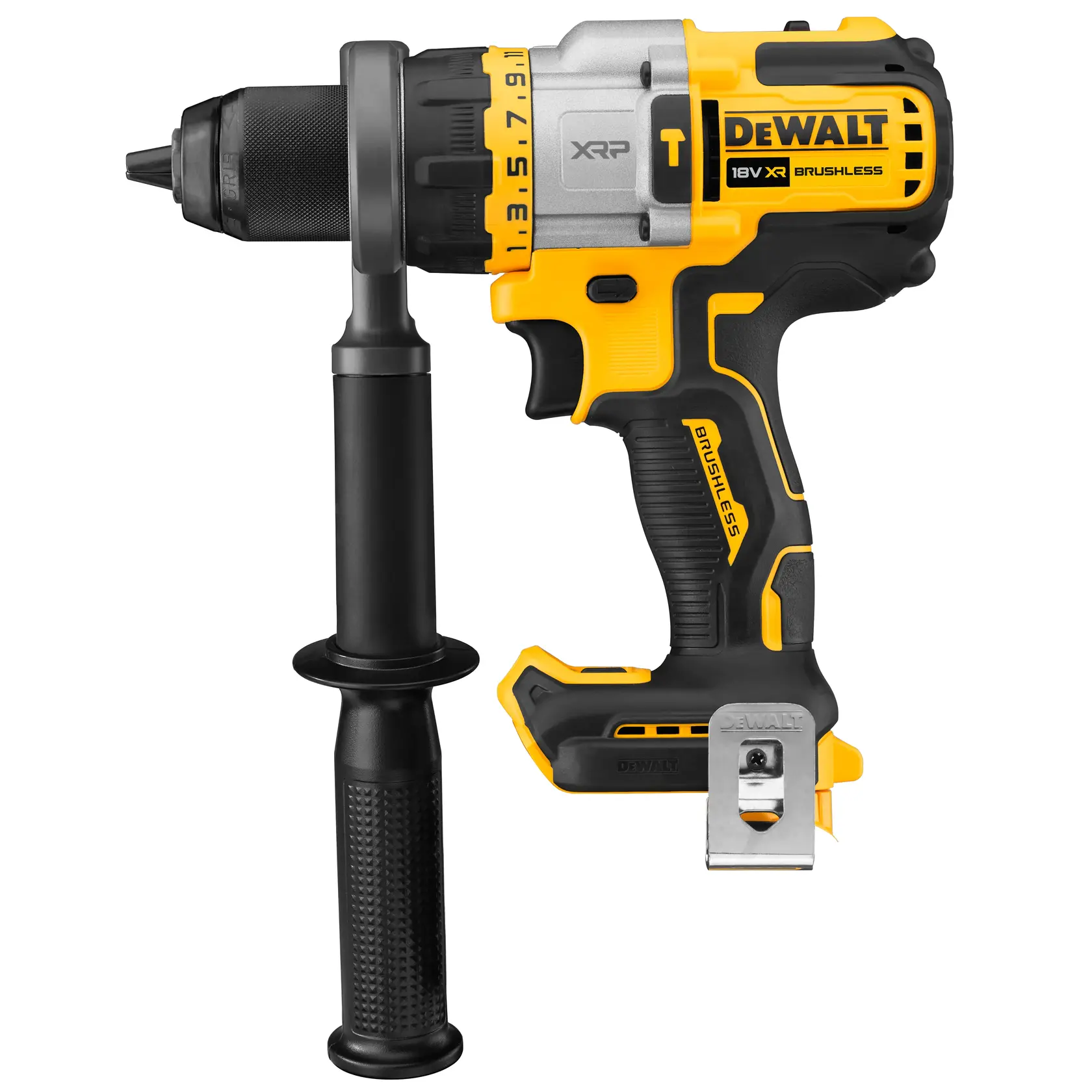 DEWALT DCD999NT cordless brushless drill with side handle, yellow and black, front angle, white background.