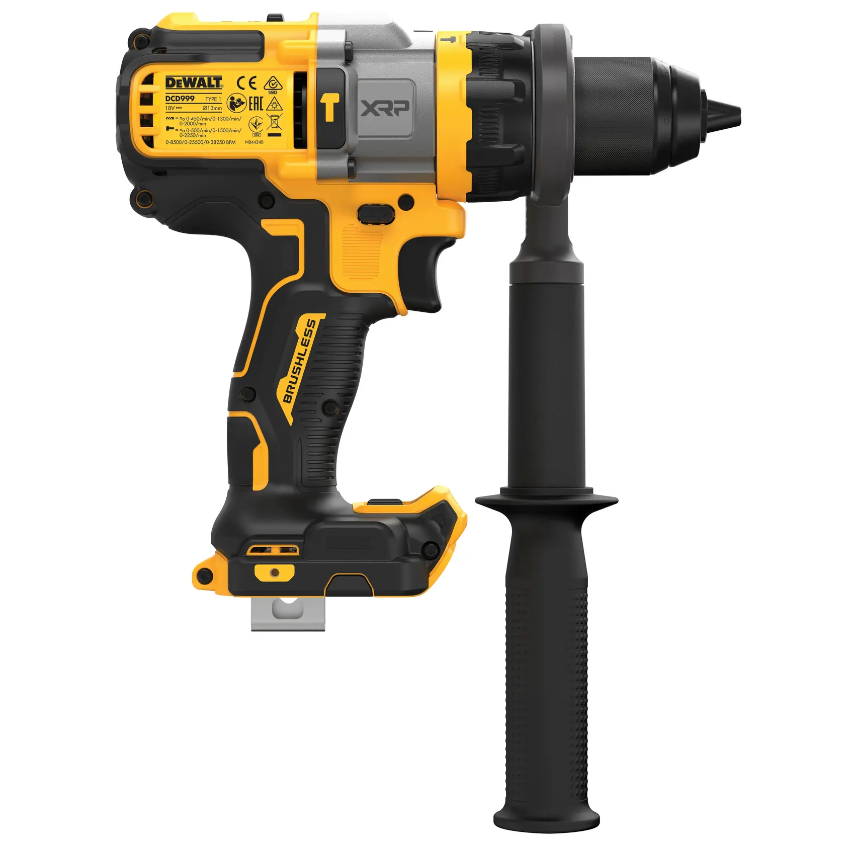 Photo of DEWALT cordless hammer drill DCD999NT with side handle, yellow and black, left side view.