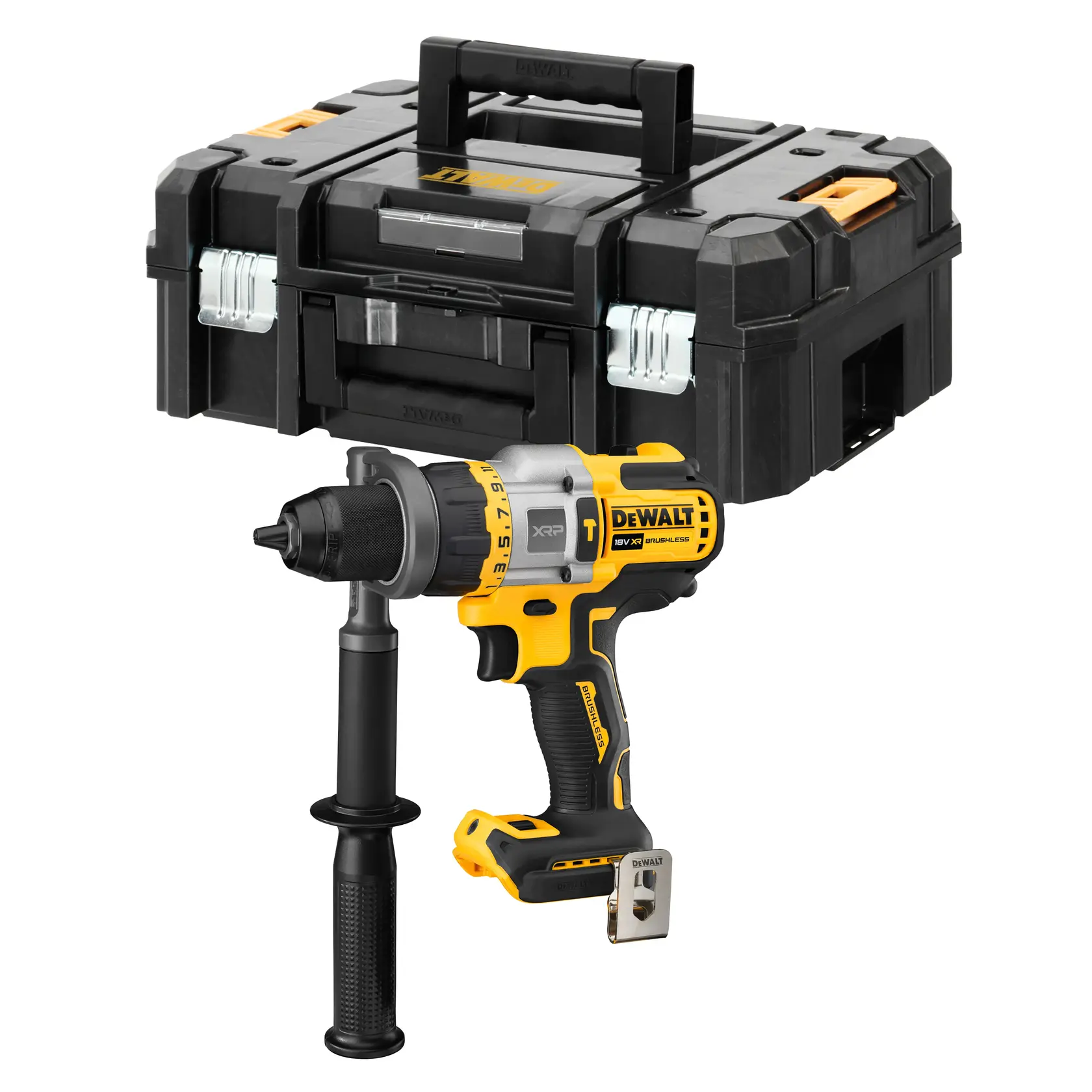 DEWALT DCD999NT cordless drill with side handle and black toolbox, front angle.