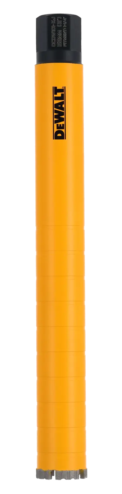 DEWALT DCDW101 yellow cylindrical core drill bit with logo, shown vertically on white background.
