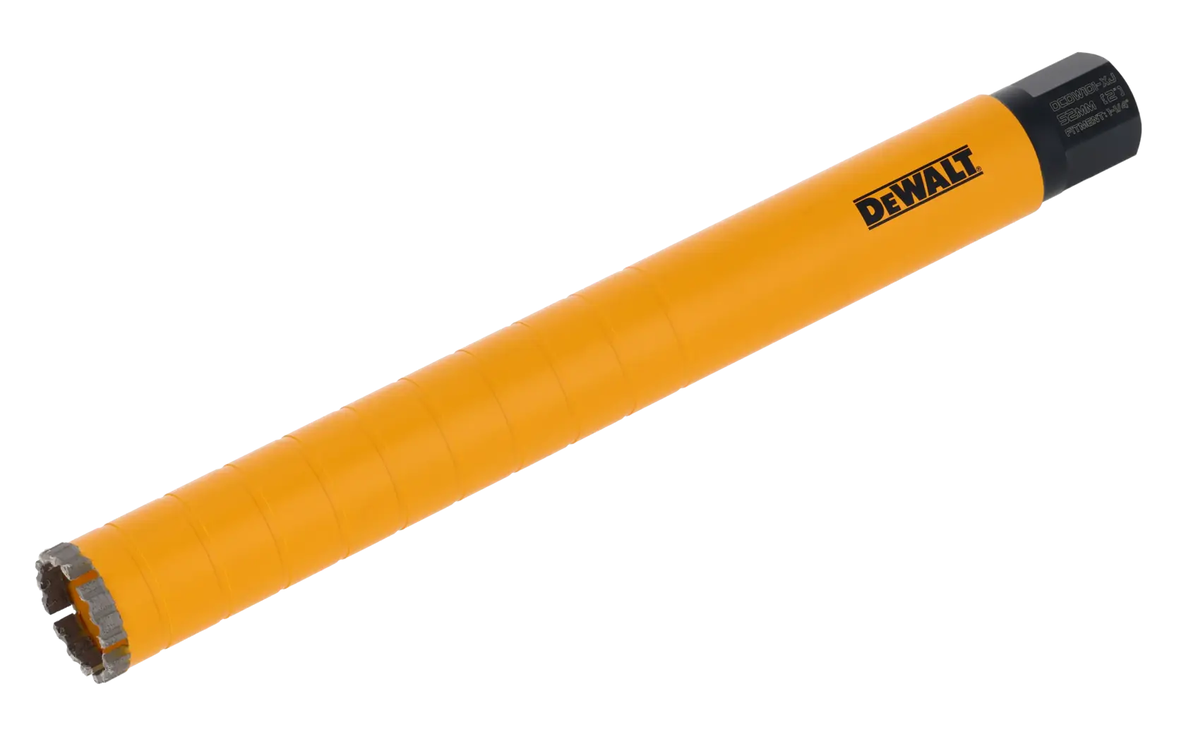 Broca de corona amarilla DEWALT con extremo negro y punta segmentada sobre fondo blanco.