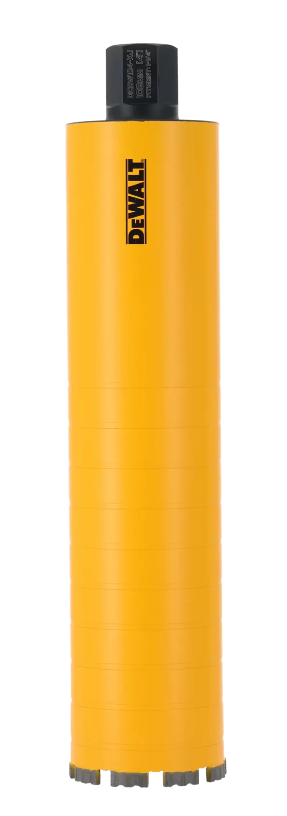 DEWALT yellow core drill bit with black top, vertical orientation, isolated on white background.