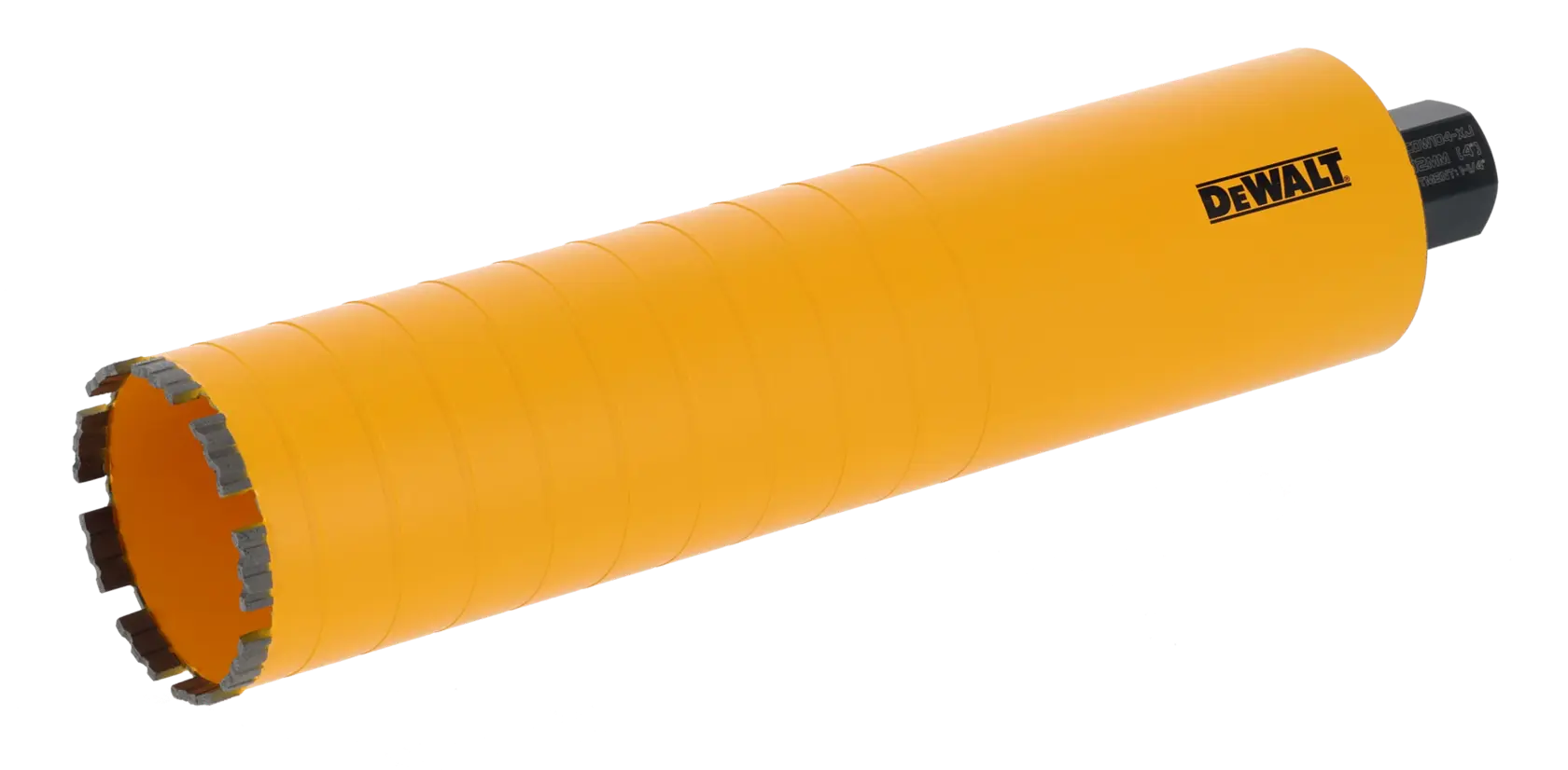 Broca de núcleo cilíndrica amarilla DEWALT con bordes segmentados para concreto o mampostería.