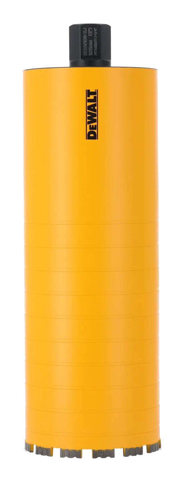 Yellow DEWALT core drill bit with black connector, used for concrete drilling tasks.