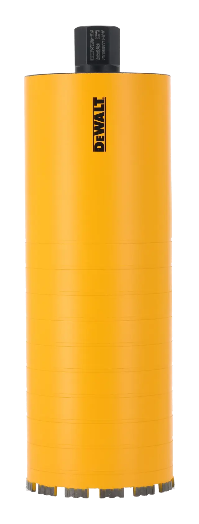 Yellow DEWALT core drill bit with black connector, upright, used for drilling concrete surfaces.
