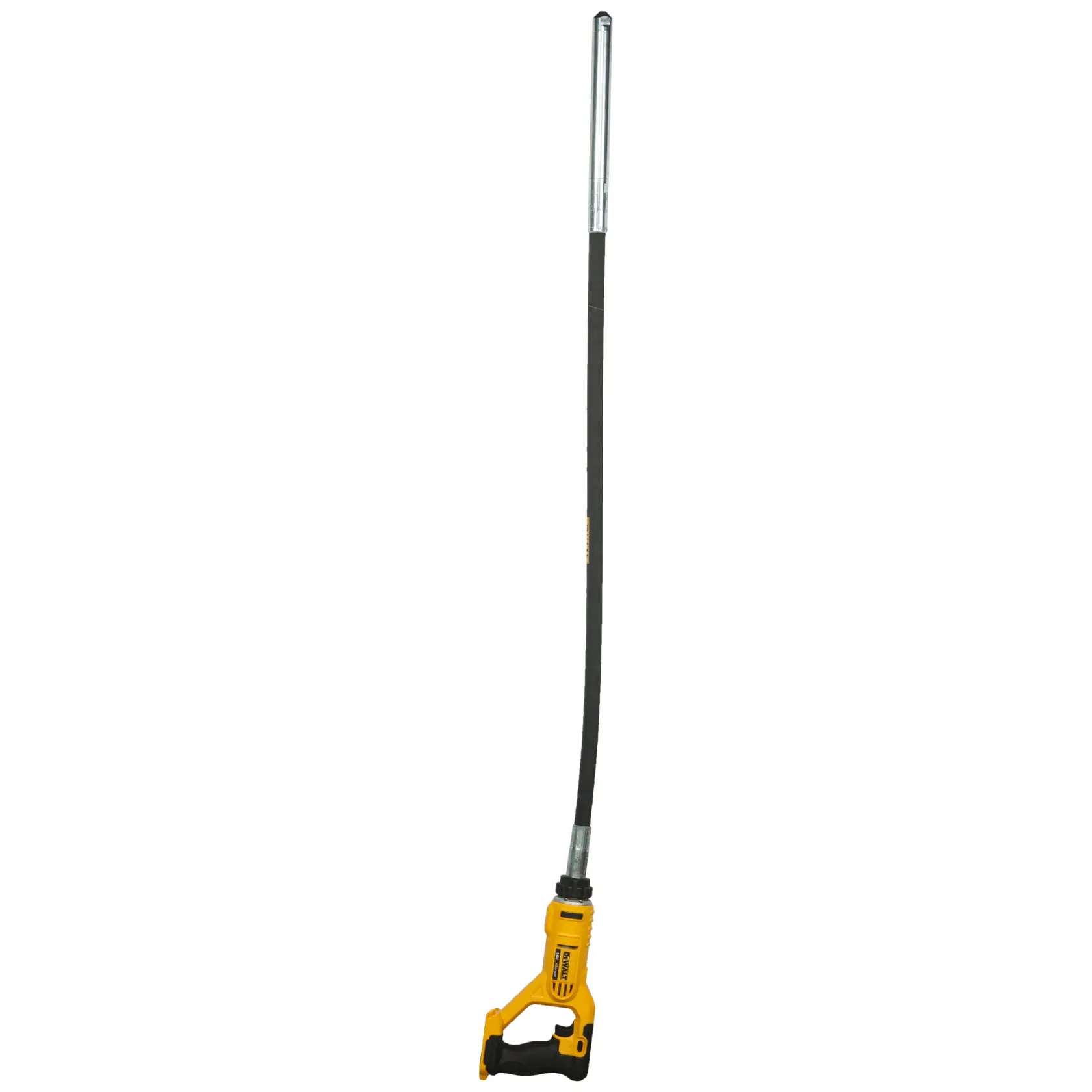 DEWALT concrete vibrator with long flexible shaft and yellow handle, used for construction work.
