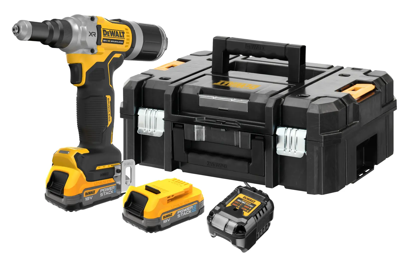 DEWALT® 18V XR® Brushless 6.4mm Rivet Gun - 2 X 1.7Ah POWERSTACK Batteries