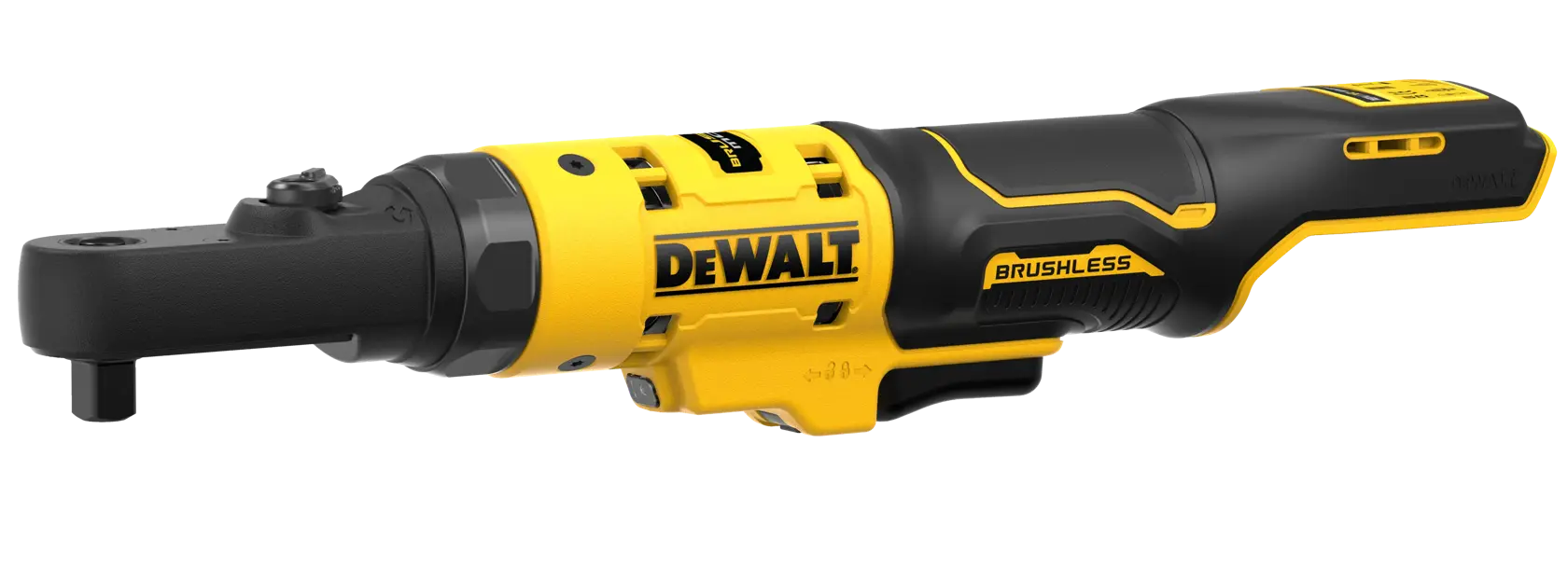 DEWALT brushless ratchet tool DCF500N in yellow and black, shown on a white background.