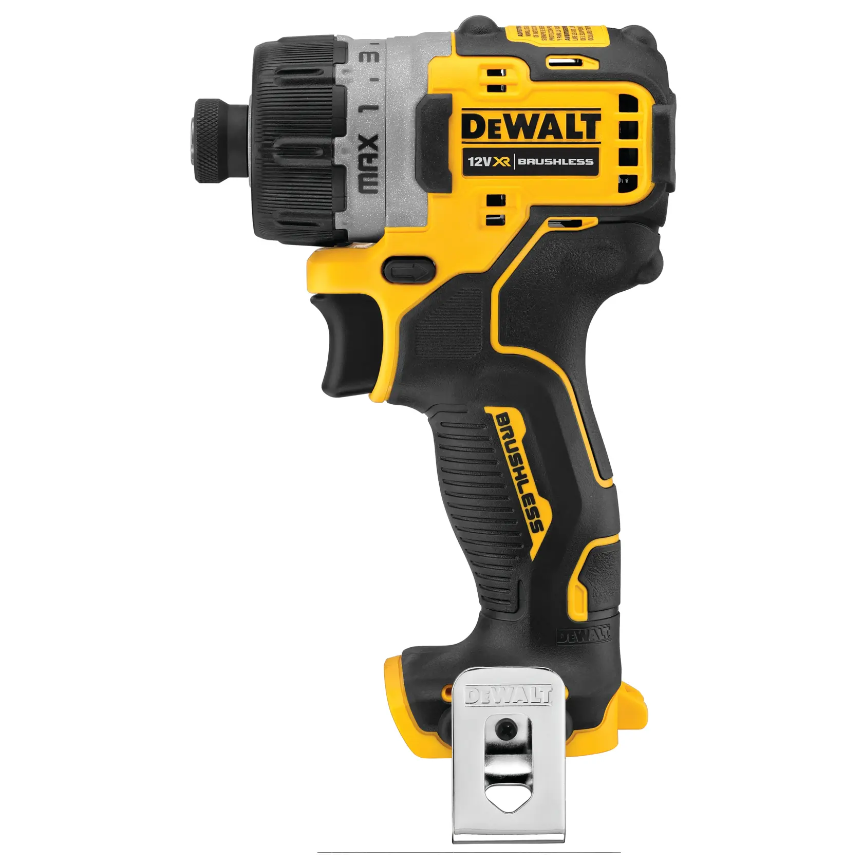 DEWALT 12V XR Brushless cordless drill driver with black and yellow design, side view.