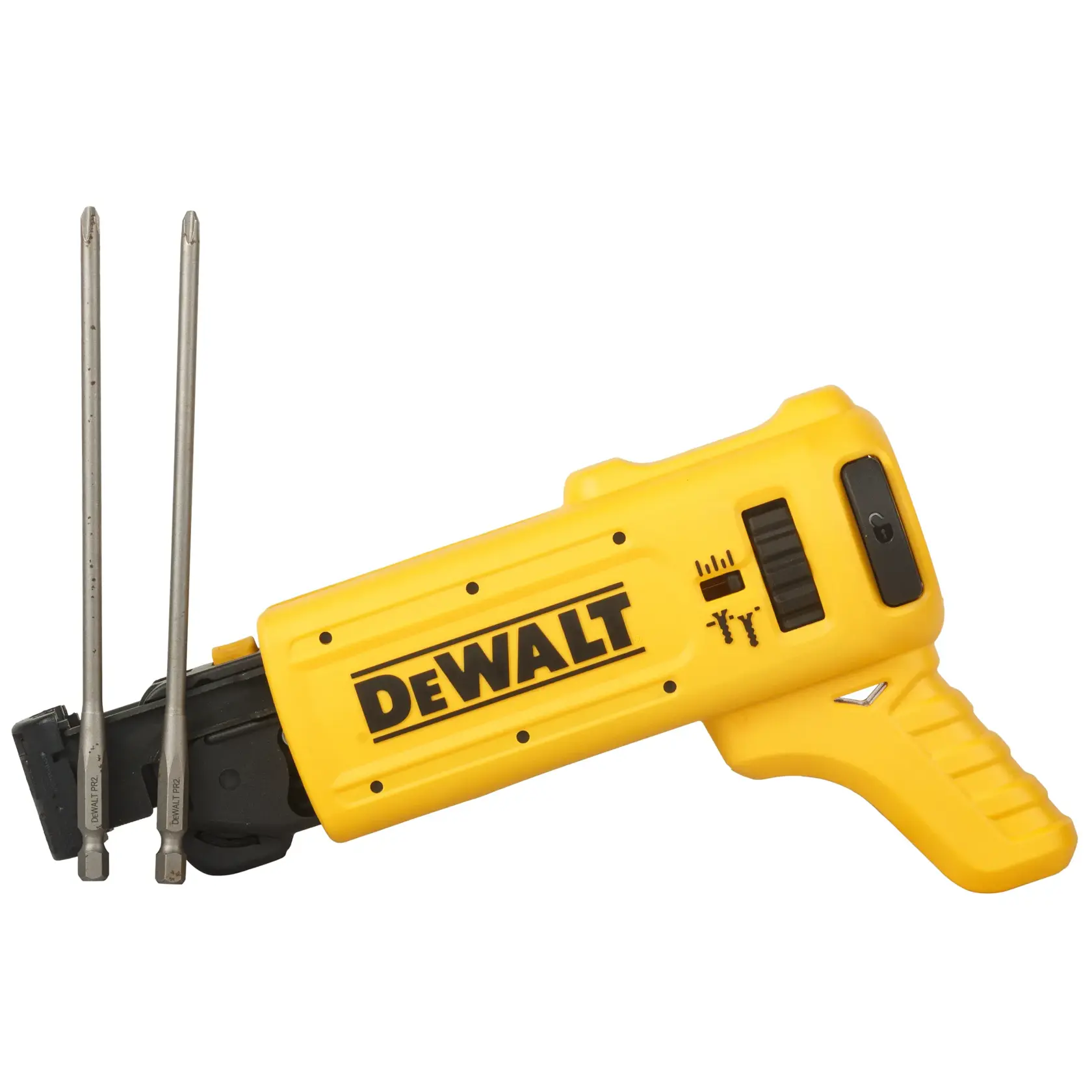 DEWALT DCF6201 yellow screw gun magazine attachment for drywall, shown from the side against white background.