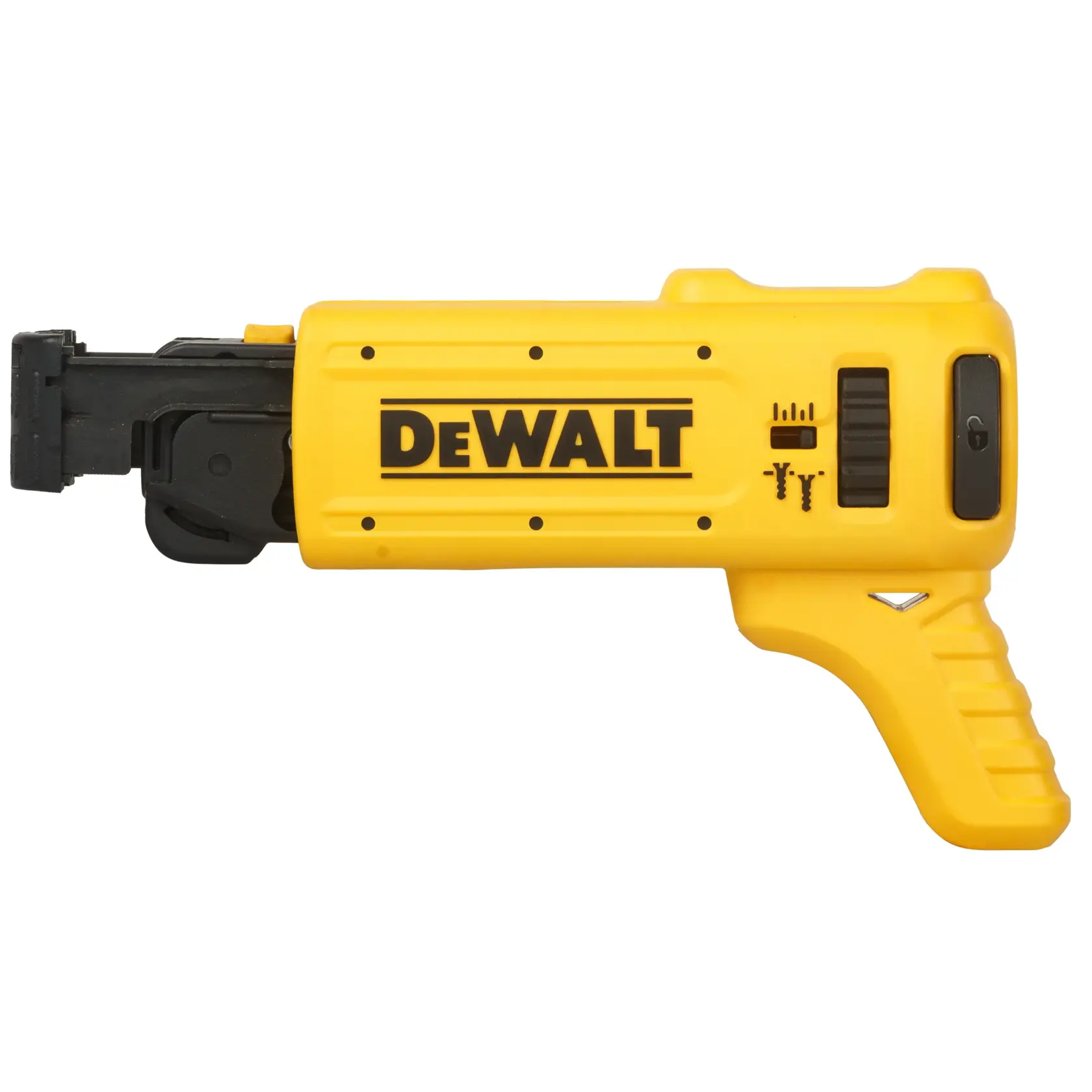 Yellow DEWALT drywall screw gun attachment with a black mechanism and an accompanying screwdriver bit placed below.