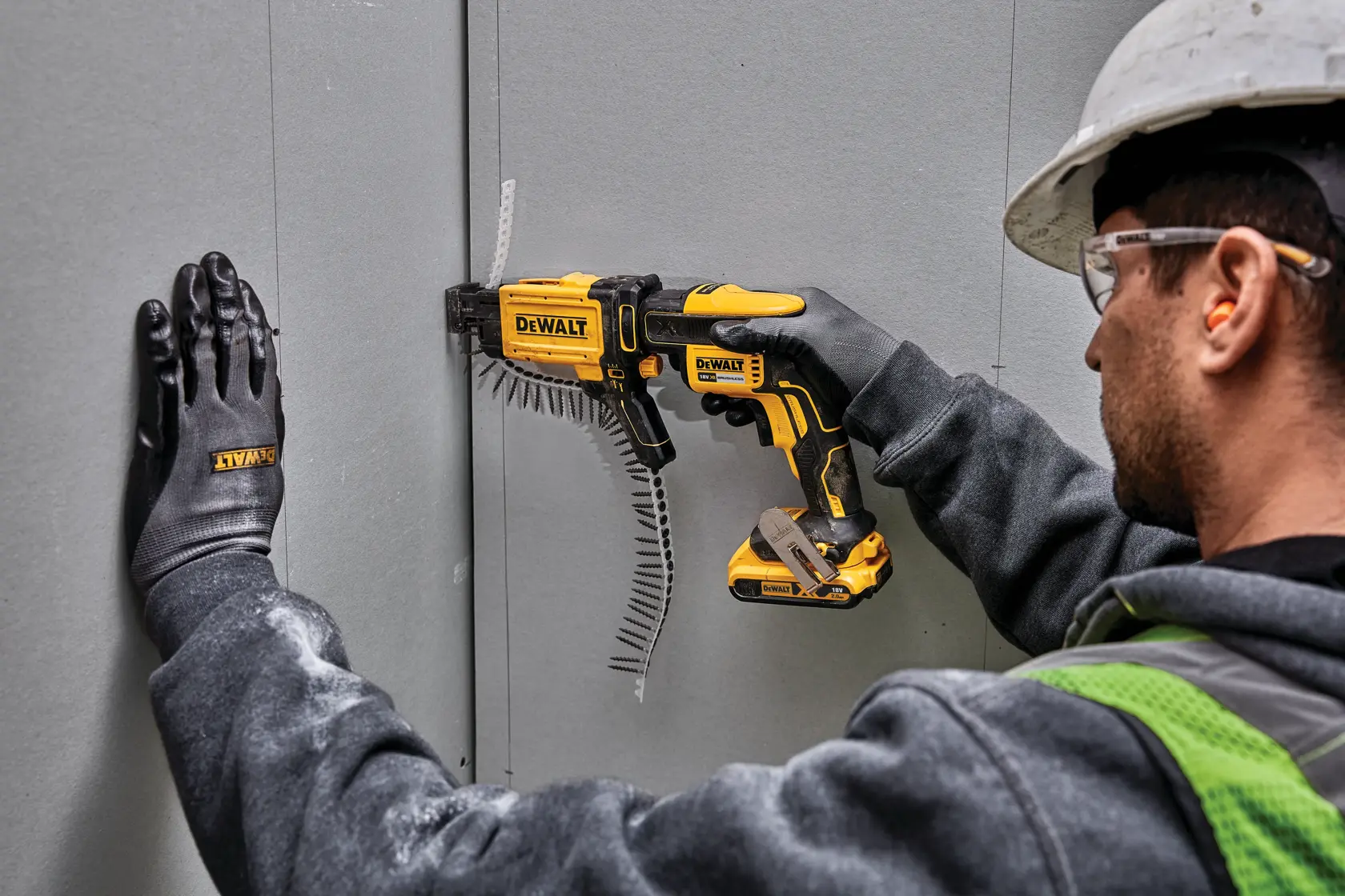 DEWALT DCF6202 drywall screw gun attachment, shown in a side profile with yellow and black casing, designed for use with compatible DEWALT power tools.