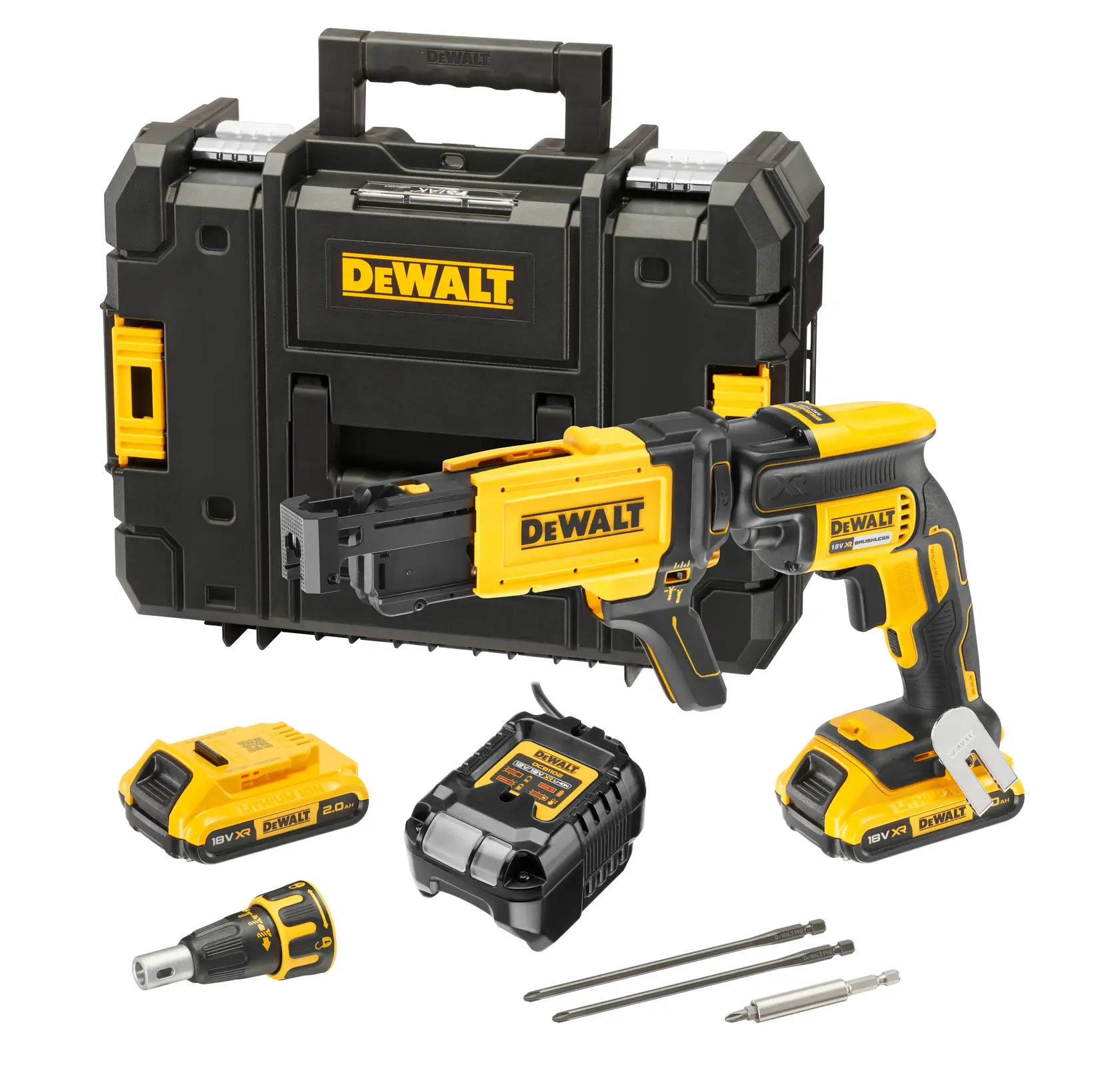 DEWALT DCF620D2K-GB, DCF620D2K drywall screwdriver kit with case, batteries, charger, accessories, front angle.