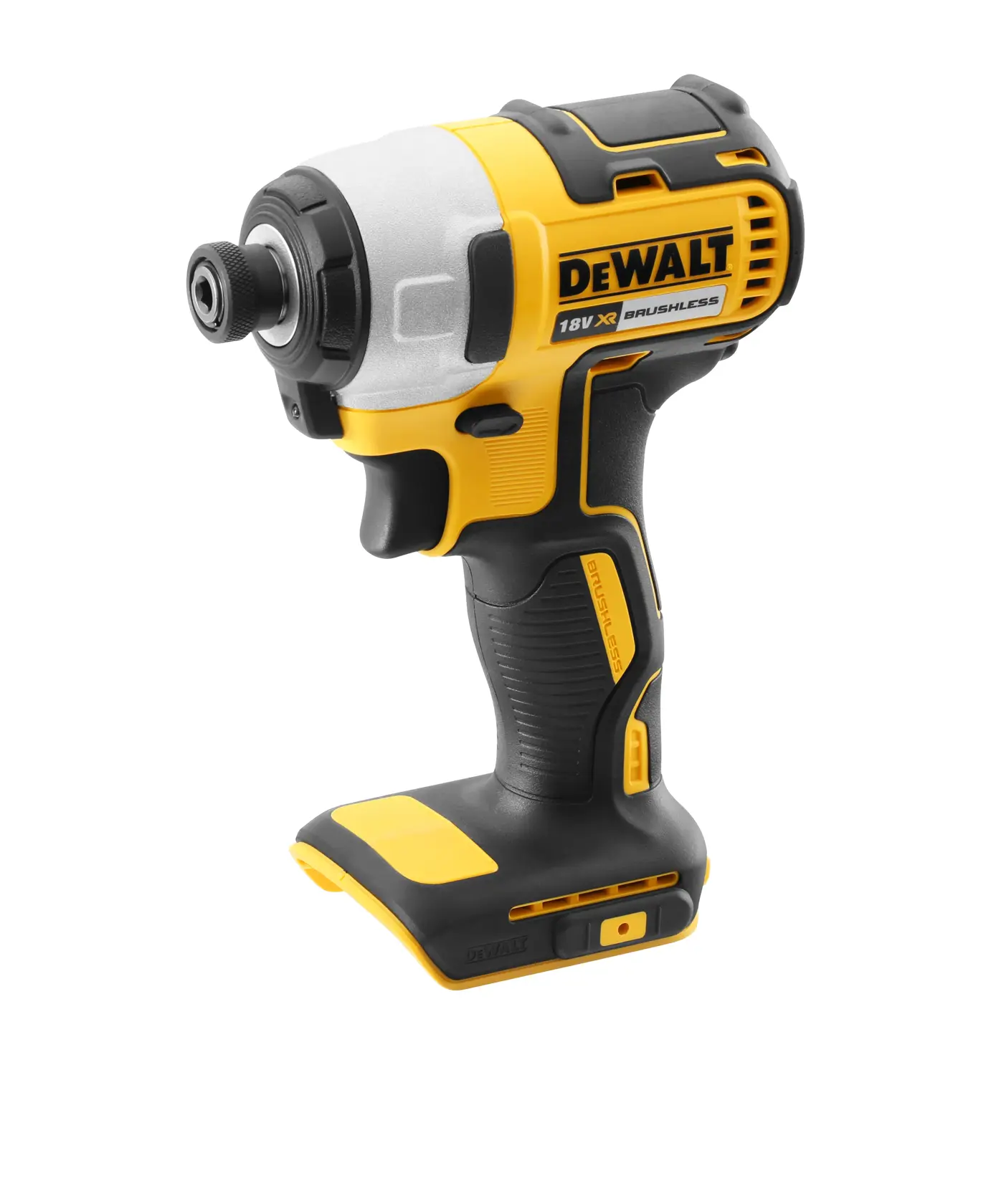 Cordless DEWALT 18V impact driver with brushless motor, black and yellow, battery not included.