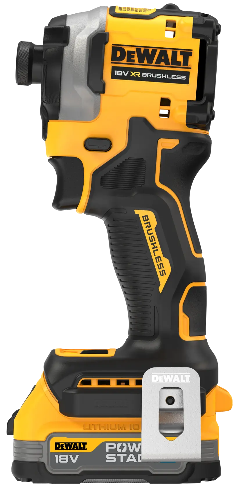 A yellow and black DEWALT 18V XR Brushless cordless impact driver tool, shown in a side profile view with a battery attached at the base.