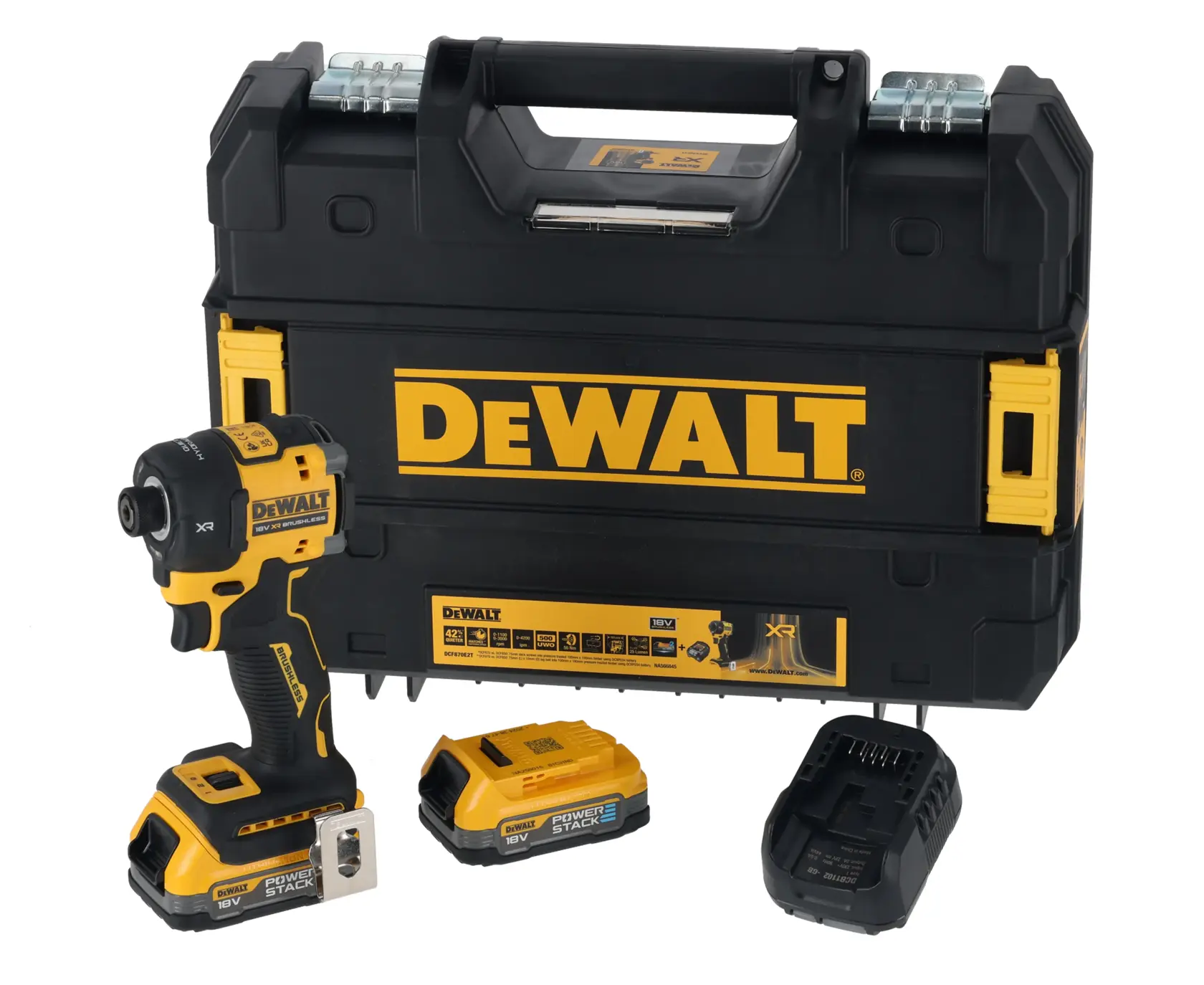 DEWALT cordless impact driver kit with case, two batteries, and a charger displayed on a white background.