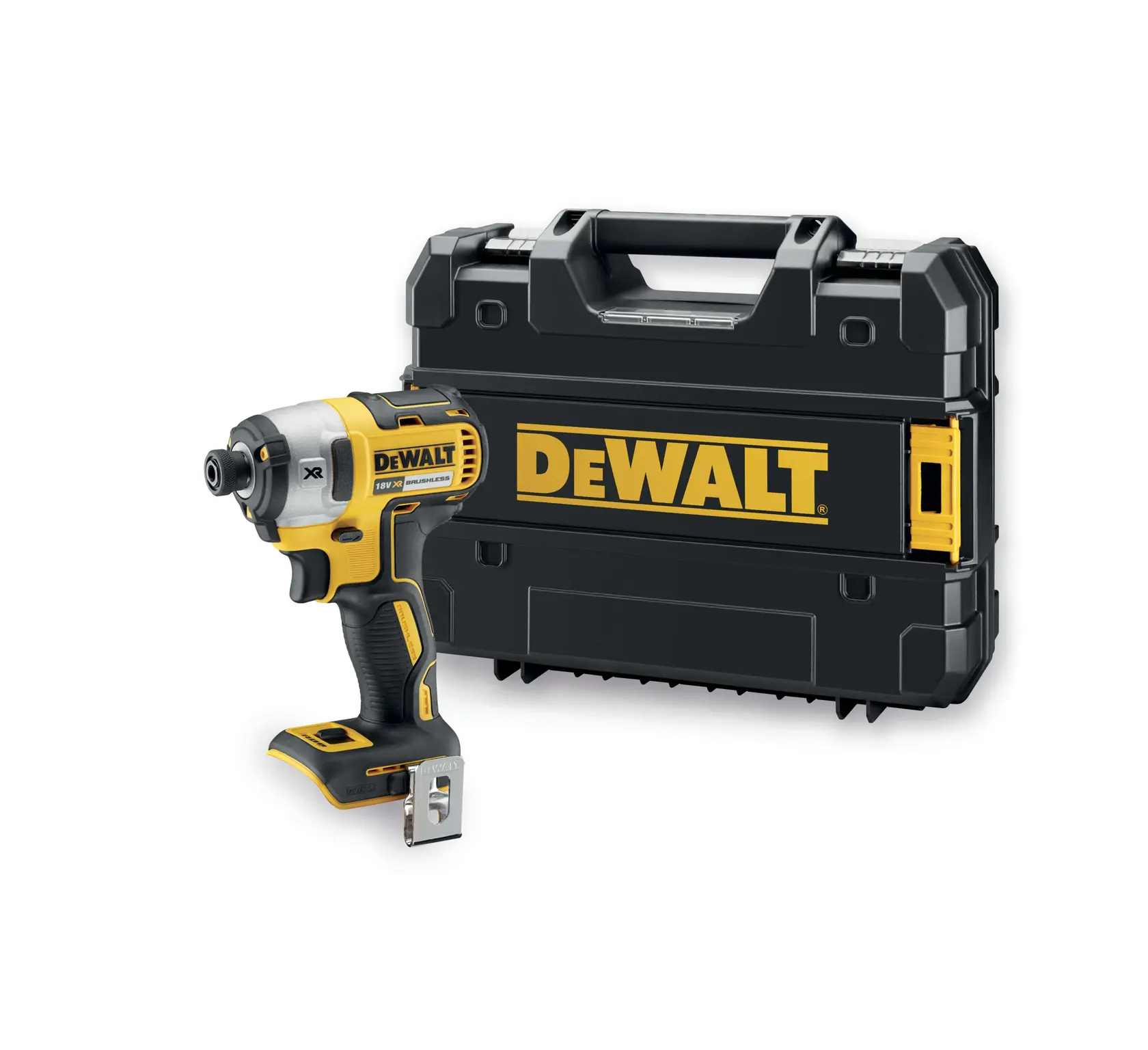 DEWALT impact driver with case, black and yellow, SKUs DCF887NT, DCF887NT-XJ, DCF887N-XJ, front angle photo.