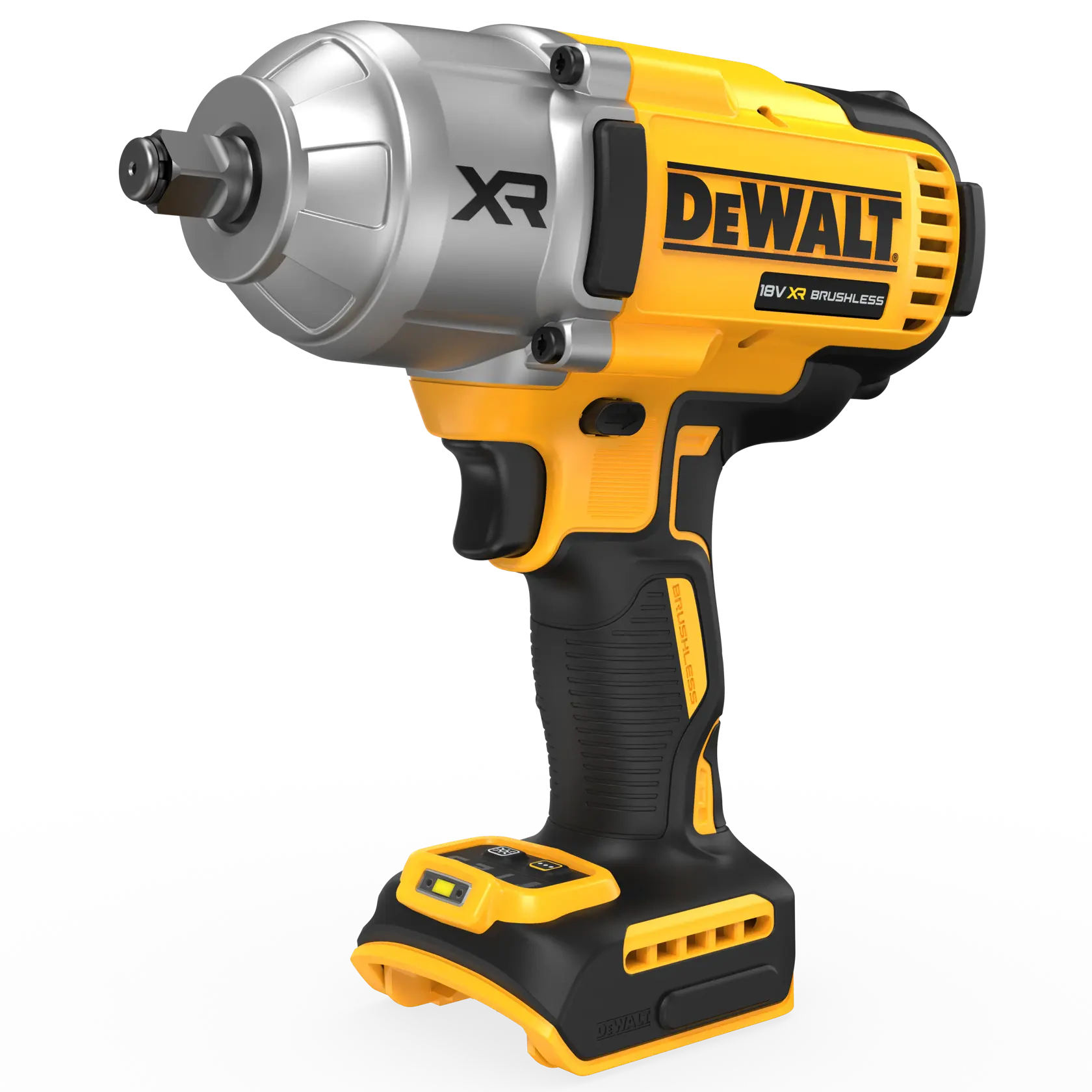 DEWALT 18V XR cordless impact wrench with brushless motor, yellow and black, shown without battery.