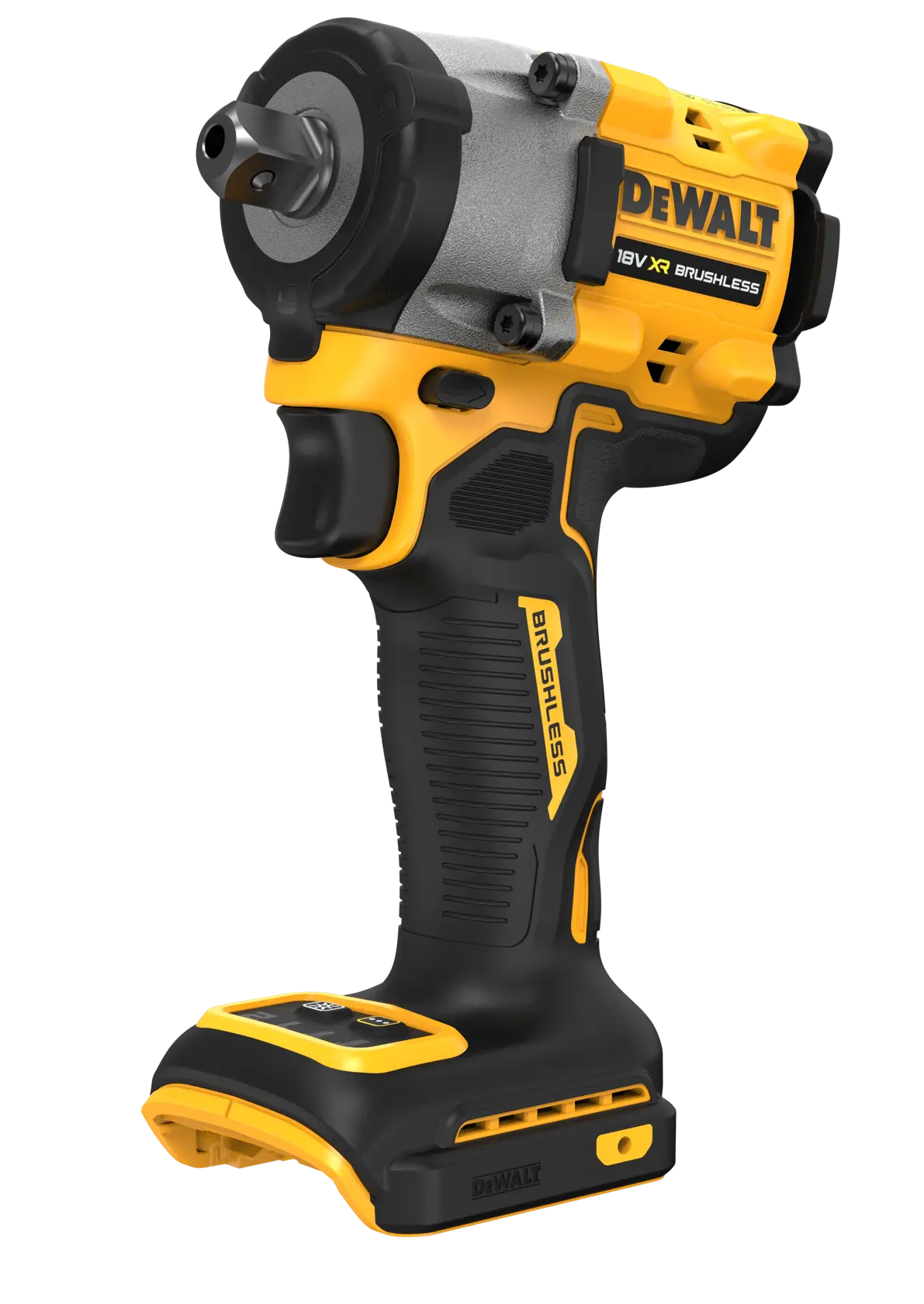 A DEWALT 18V XR Brushless cordless impact wrench without a battery, shown in a black and yellow color scheme, standing upright on a white background.