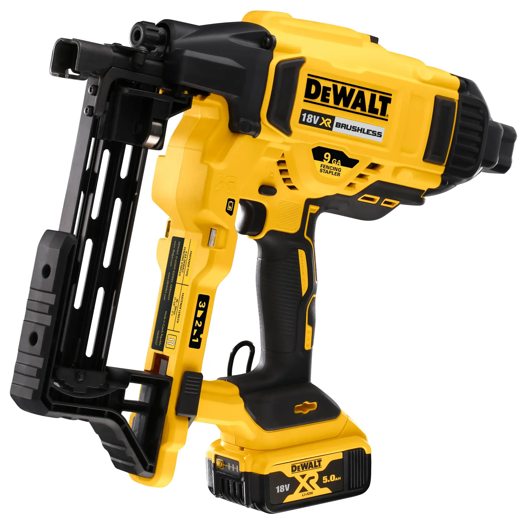 DEWALT 20V brushless fencing stapler with battery, yellow and black, shown from side view.