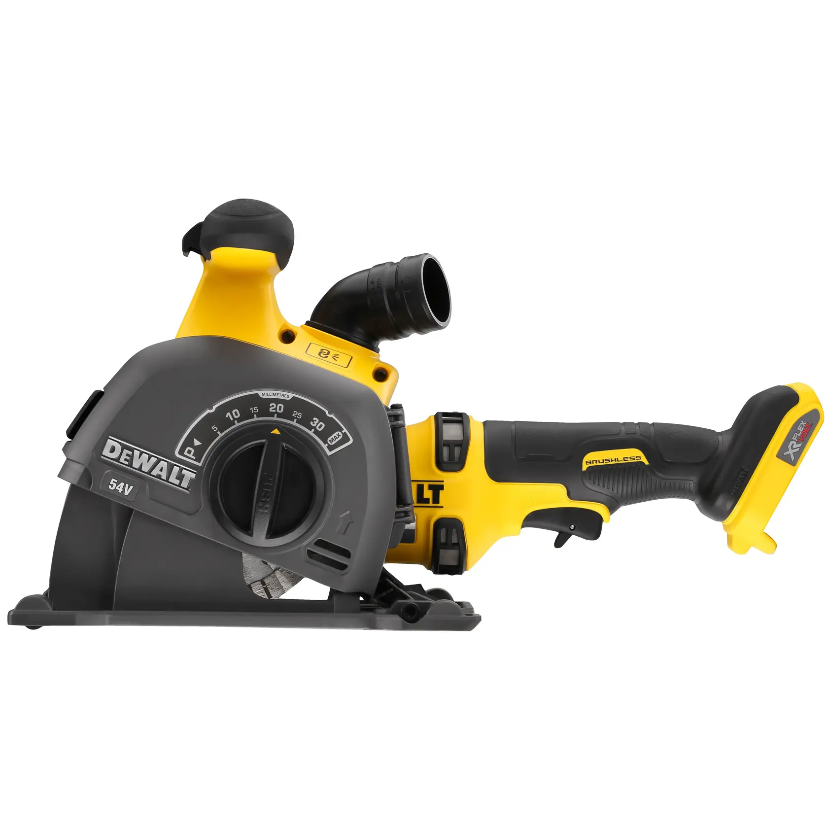 Photo of DEWALT wall chaser DCG200NT-XJ, DCG200NT, DCG200N, yellow and black, side angle on white background.