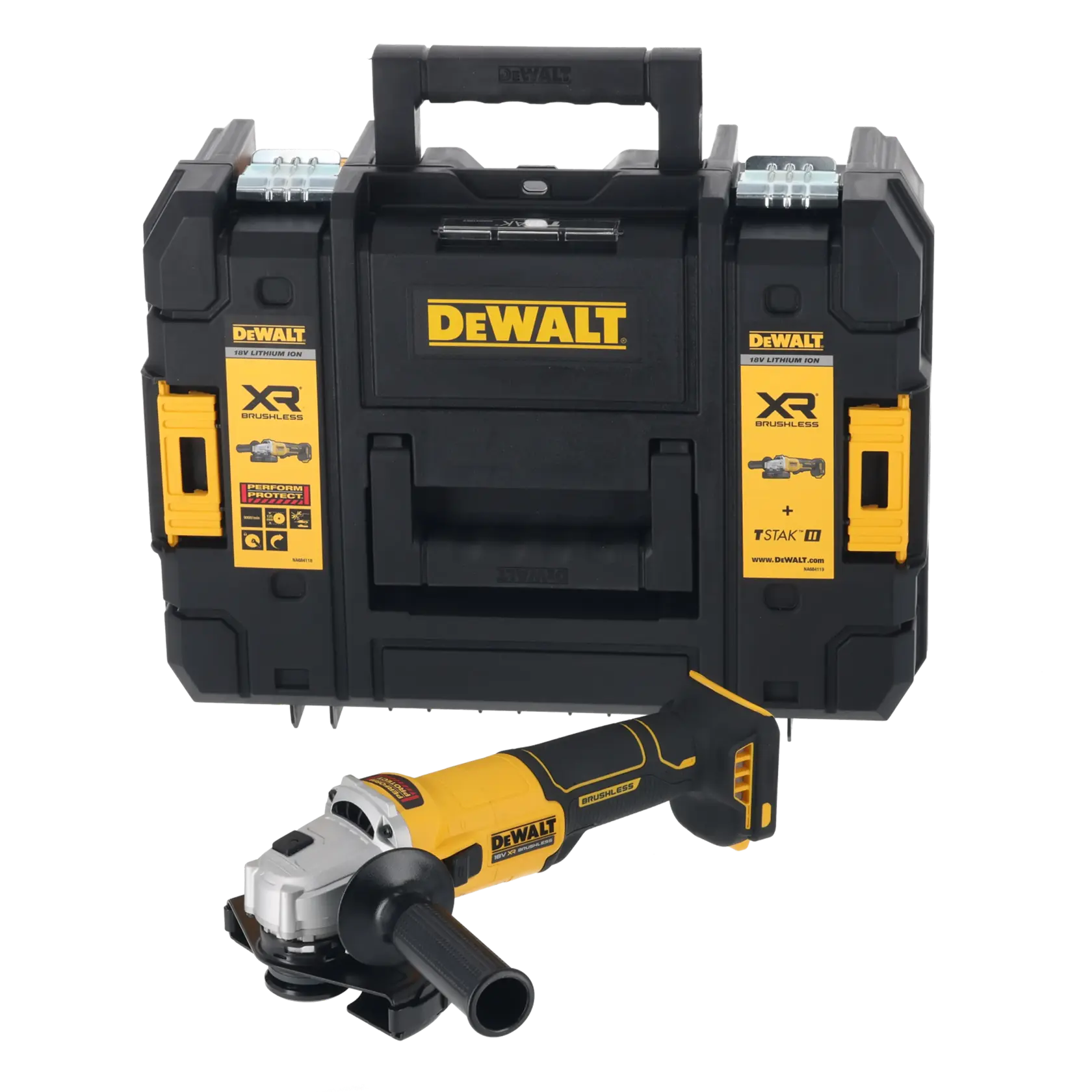 DEWALT DCG407NT, DCG407N-XJ grinder and case. Photography product.