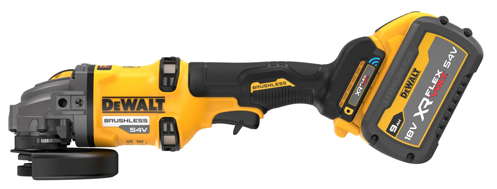 DEWALT® 54V XR FLEXVOLT® 125mm Side Handle Detect Angle Grinder - 2 x FLEXVOLT® 9Ah