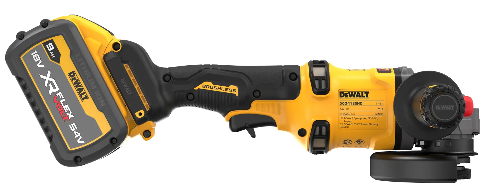 DEWALT® 54V XR FLEXVOLT® 125mm Side Handle Detect Angle Grinder - 2 x FLEXVOLT® 9Ah