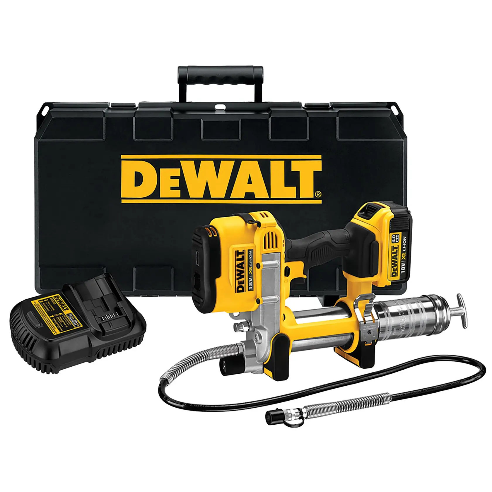 DEWALT DCGG571M1 20V MAX lithium ion cordless grease gun. The image highlights features: motor delivers up to 10,000 PSI, high-volume pump pushes up to 5.0 oz/min, 42-inch long flexible hose, and variable speed trigger for precise grease flow control.