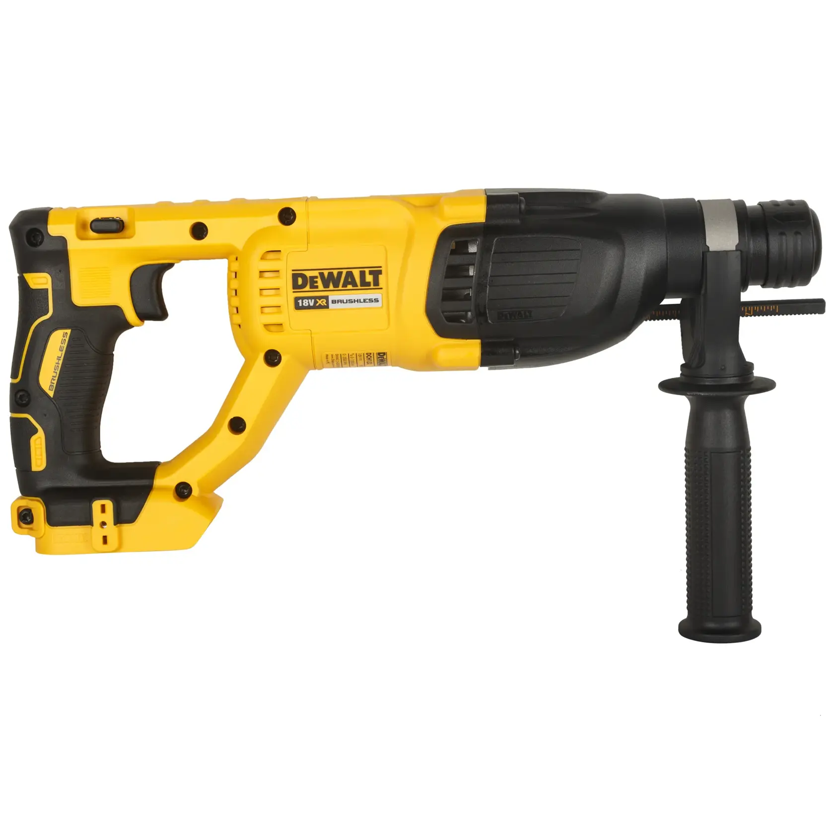 Martillo rotativo DEWALT 18V amarillo y negro, motor brushless, con mango lateral visible.