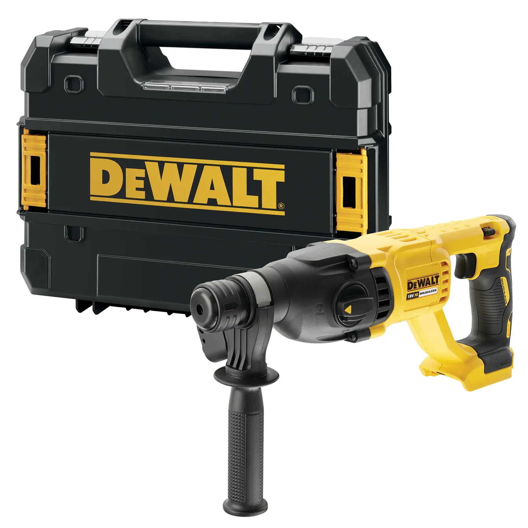 Martillo rotativo DEWALT y estuche resistente. Herramienta eléctrica profesional amarilla y negra.
